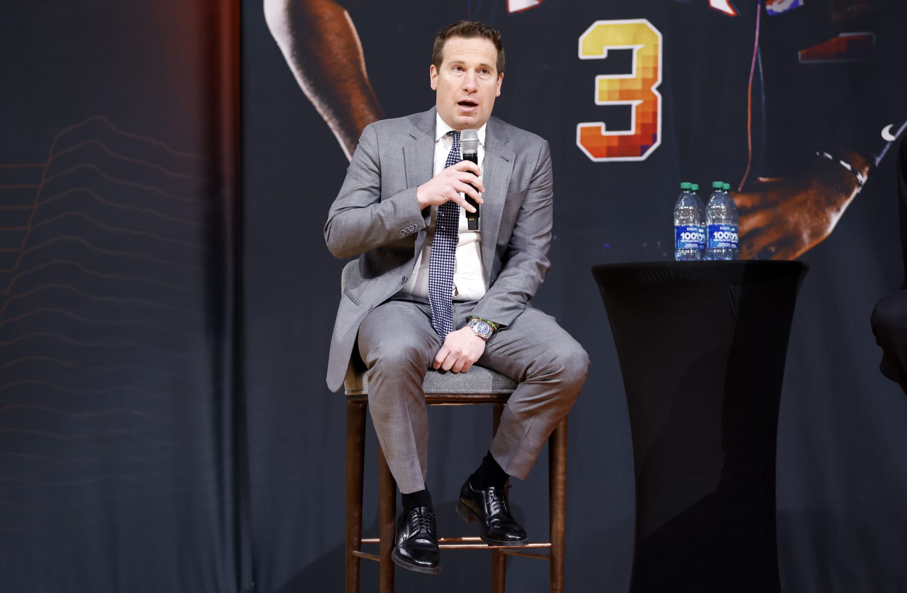 PHOENIX, ARIZONA - FEBRUARY 16:  Owner Mat Ishbia of the Phoenix Suns speaks during a press conference introducing Kevin Durant at Footprint Center on February 16, 2023 in Phoenix, Arizona. NOTE TO USER: User expressly acknowledges and agrees that, by downloading and/or using this photograph, User is consenting to the terms and conditions of the Getty Images License Agreement.  (Photo by Chris Coduto/Getty Images)