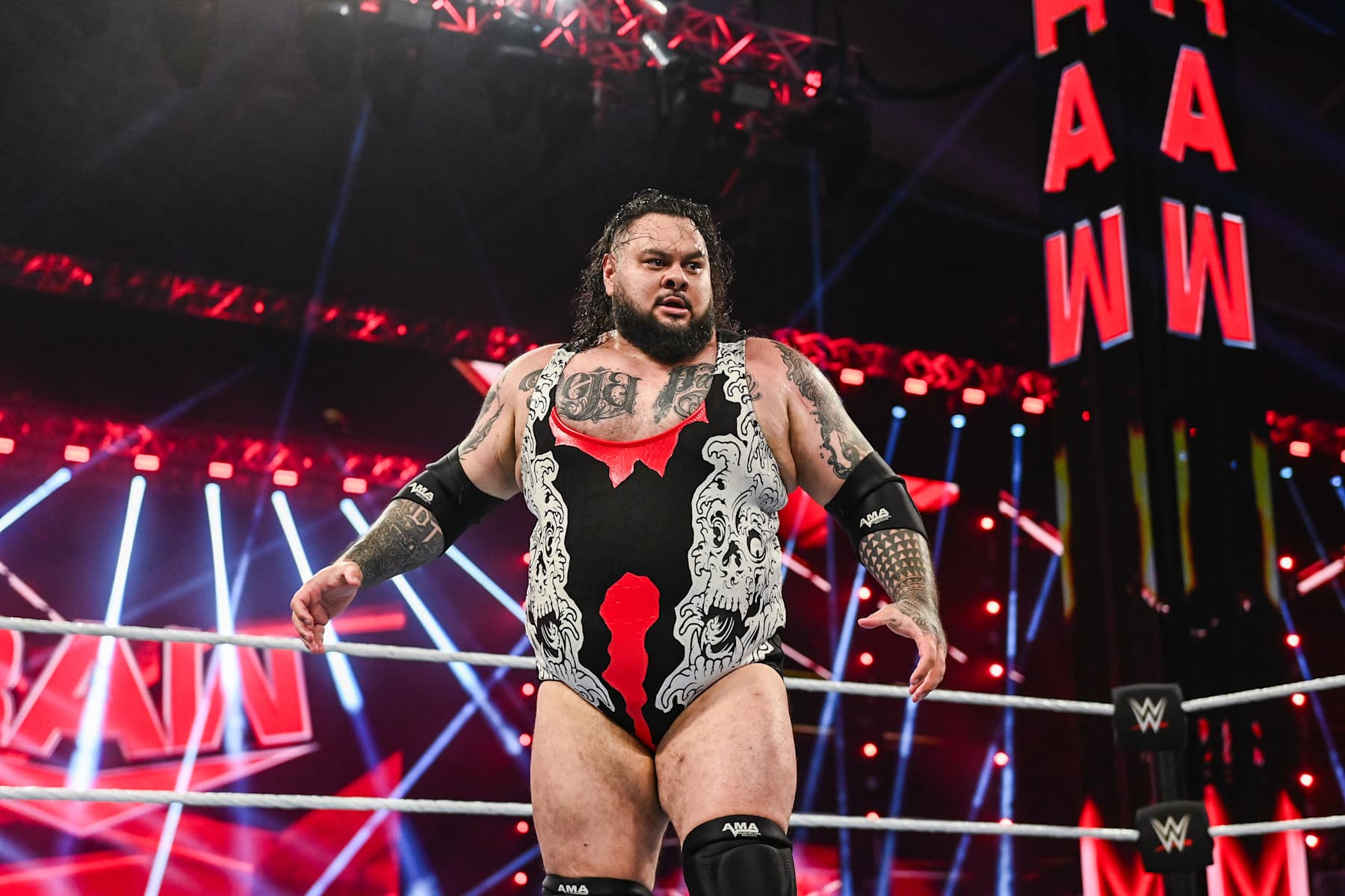 RIYADH, SAUDI ARABIA - NOVEMBER 4: Bronson Reed looks on during Monday Night RAW at Mohammed Abdo Arena on November 4, 2024 in Riyadh, Saudi Arabia.  (Photo by WWE/Getty Images)