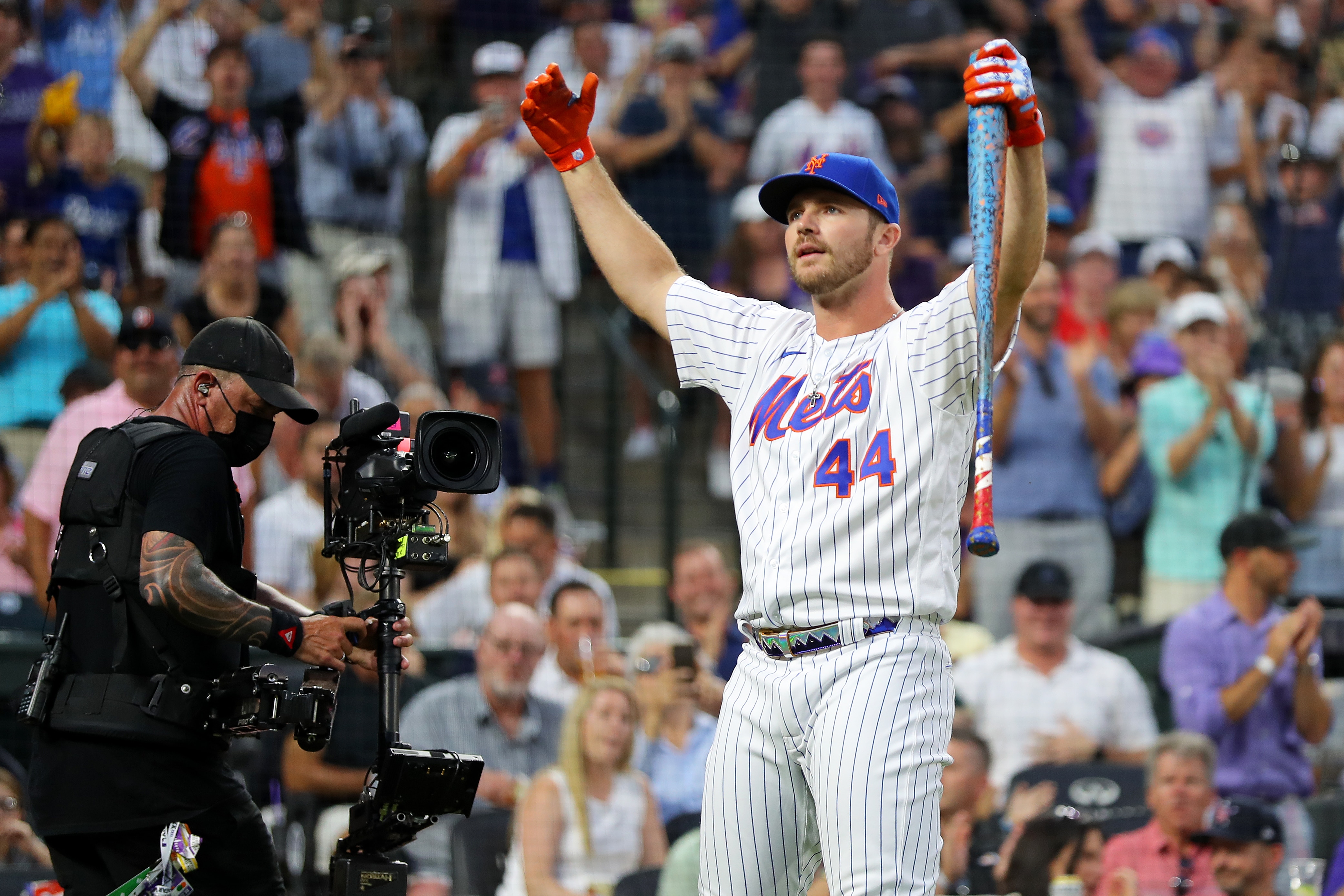 DENVER, CO - JULY 12:  Pete Alonso #20 of the New York Mets reacts after moving on in the second round during the 2021 T-Mobile Home Run Derby at Coors Field on Monday, July 12, 2021 in Denver, Colorado. (Photo by Mary DeCicco/MLB Photos via Getty Images)