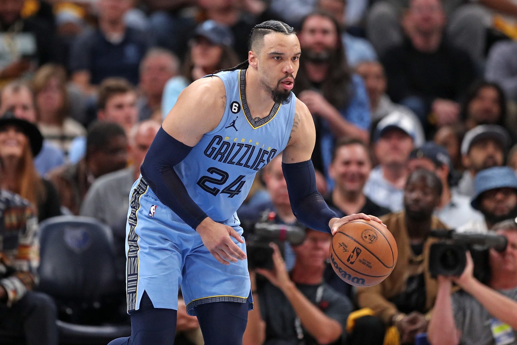 MEMPHIS, TENNESSEE - APRIL 26: Dillon Brooks #24 of the Memphis Grizzlies handles the ball against the Los Angeles Lakers during Game Five of the Western Conference First Round Playoffs at FedExForum on April 26, 2023 in Memphis, Tennessee. NOTE TO USER: User expressly acknowledges and agrees that, by downloading and or using this photograph, User is consenting to the terms and conditions of the Getty Images License Agreement. (Photo by Justin Ford/Getty Images)