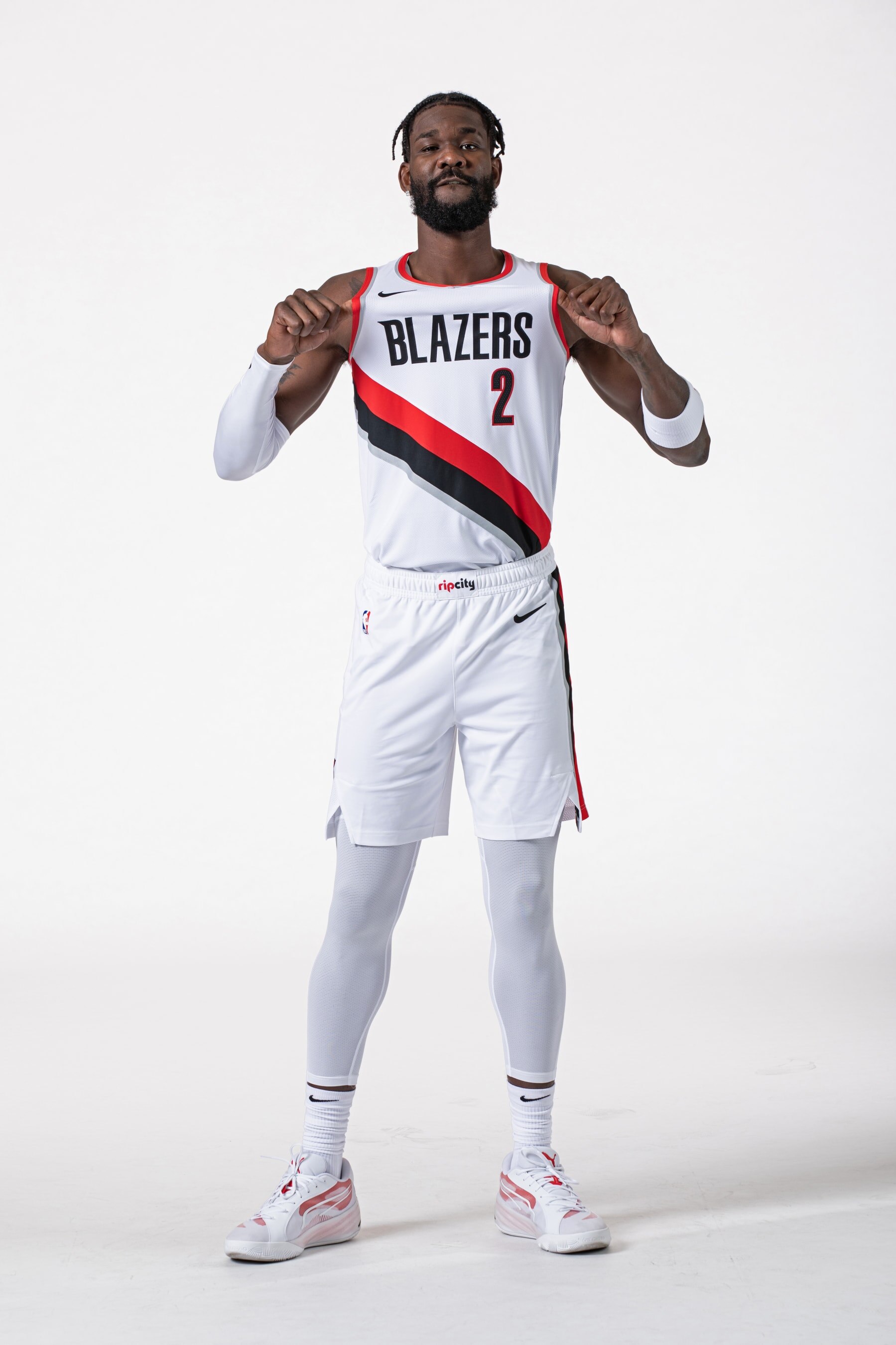 PORTLAND, OR - OCTOBER 2: Deandre Ayton #2 of the Portland Trail Blazers poses for a portrait during 2023-24 NBA Media Day on October 2, 2023 at the Moda Center Arena in Portland, Oregon. NOTE TO USER: User expressly acknowledges and agrees that, by downloading and or using this photograph, user is consenting to the terms and conditions of the Getty Images License Agreement. Mandatory Copyright Notice: Copyright 2023 NBAE (Photo by Cameron Browne/NBAE via Getty Images)