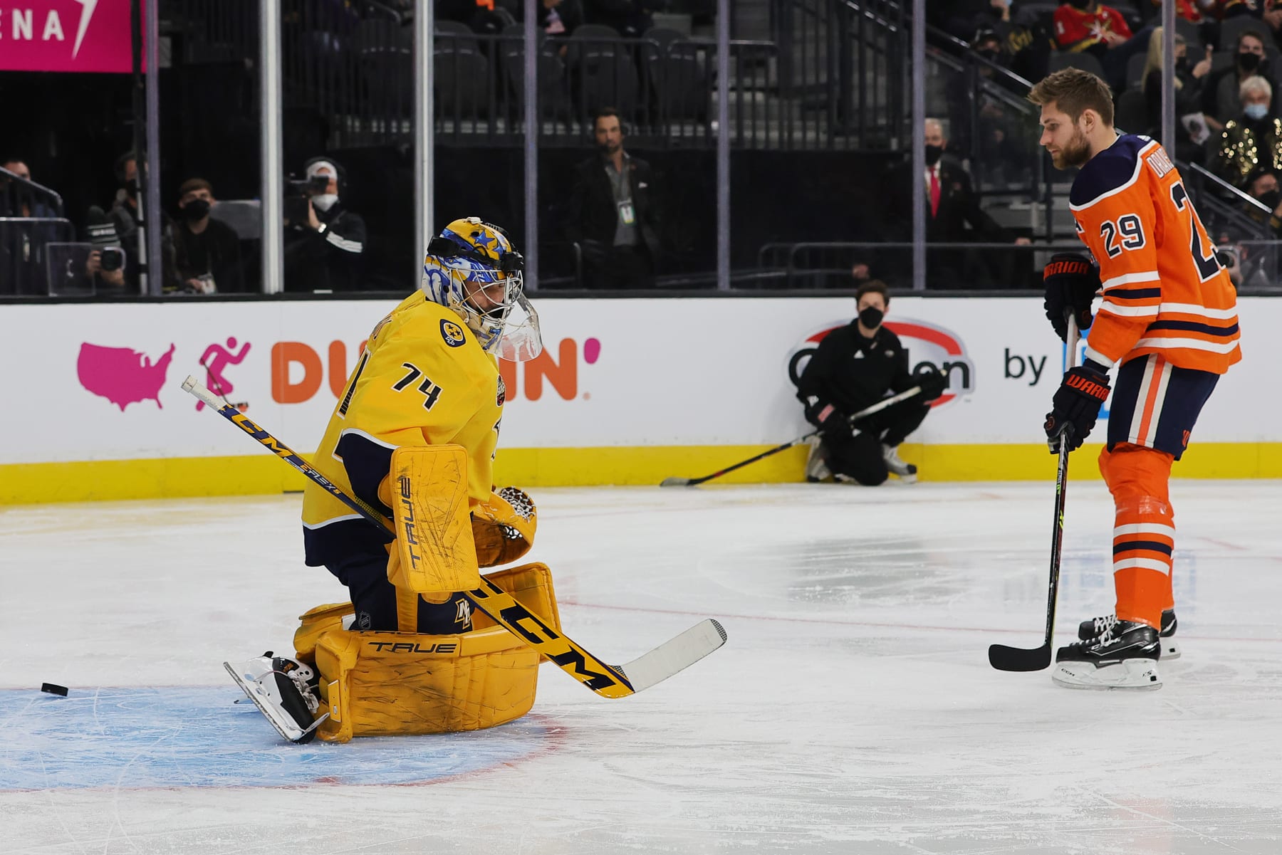 LAS VEGAS, NEVADA - FEBRUARY 04: Leon Draisaitl #29 of the Edmonton Oilers attempts to shoot the puck past Juuse Saros #74 of the Nashville Predators during the Save Streak event during the 2022 NHL All-Star Skills at T-Mobile Arena on February 04, 2022 in Las Vegas, Nevada. (Photo by Ethan Miller/Getty Images)