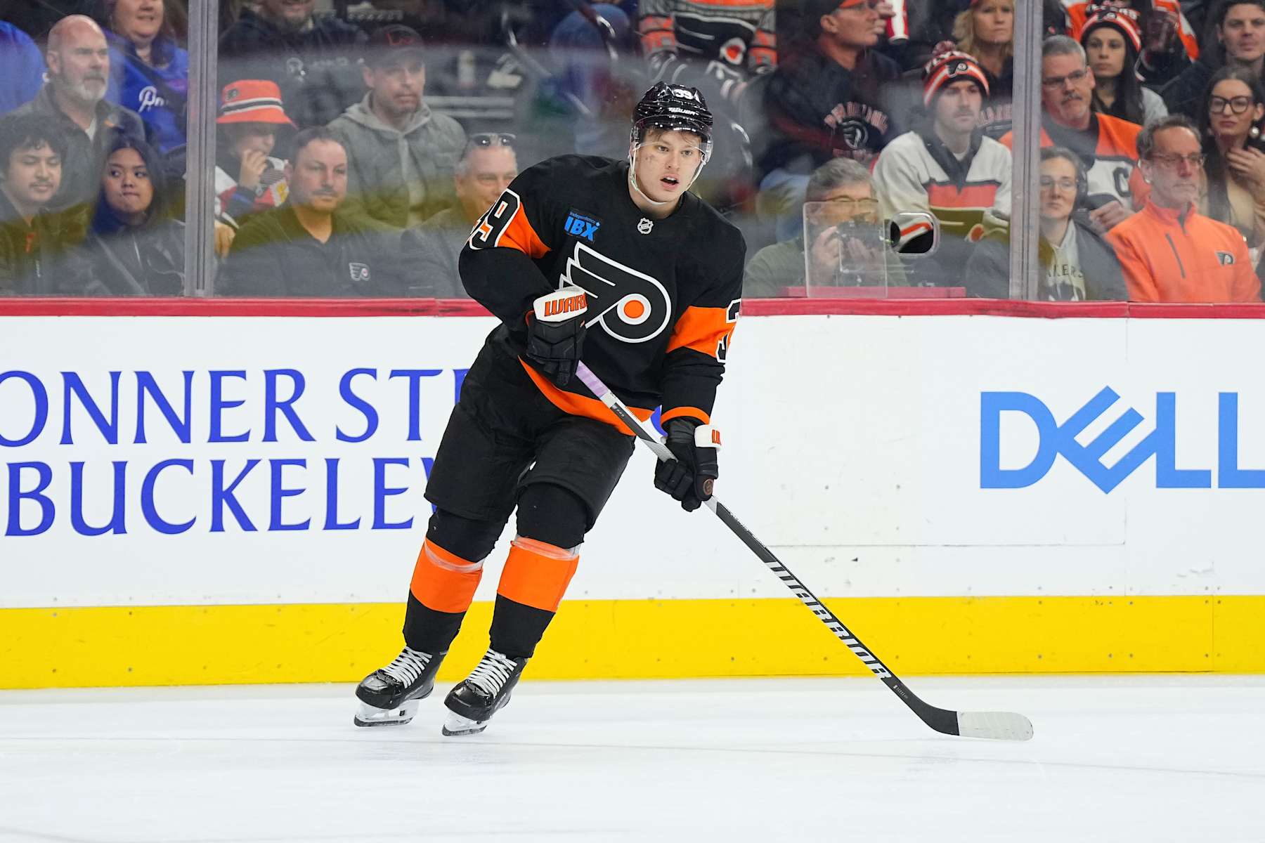 PHILADELPHIA, PENNSYLVANIA - NOVEMBER 29: Matvei Michkov #39 of the Philadelphia Flyers looks on against the New York Rangers at the Wells Fargo Center on November 29, 2024 in Philadelphia, Pennsylvania. The Flyers defeated the Rangers 3-1. (Photo by Mitchell Leff/Getty Images)