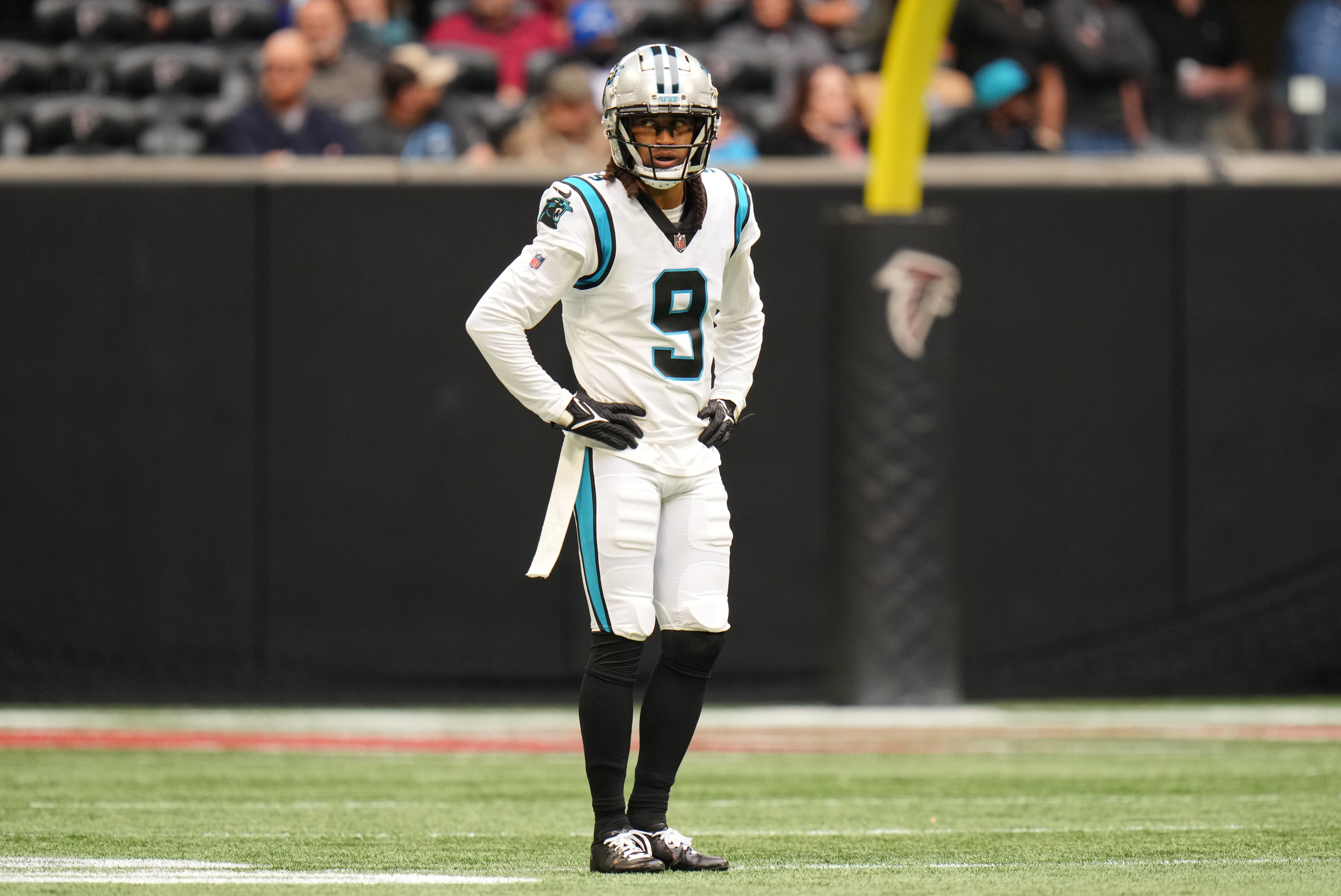 ATLANTA, GEORGIA - OCTOBER 31: Stephon Gilmore #9 of the Carolina Panthers looks on during the game against the Atlanta Falcons  at Mercedes-Benz Stadium on October 31, 2021 in Atlanta, Georgia. (Photo by Mark Brown/Getty Images)