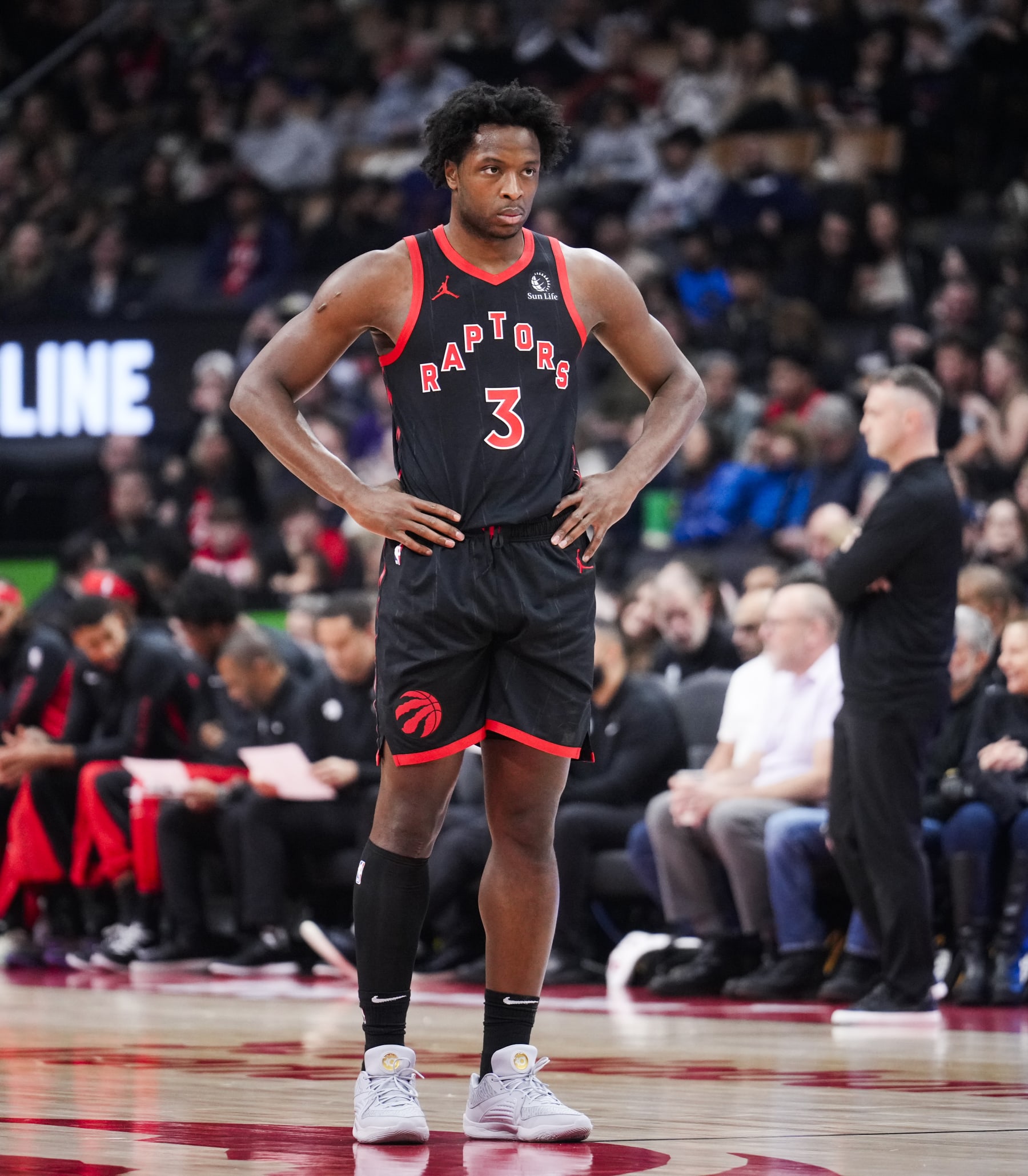 TORONTO, ON - DECEMBER 23: OG Anunoby #3 of the Toronto Raptors looks on against the Utah Jazz during the first half of their basketball game at the Scotiabank Arena on December 23, 2023 in Toronto, Ontario, Canada. NOTE TO USER: User expressly acknowledges and agrees that, by downloading and/or using this Photograph, user is consenting to the terms and conditions of the Getty Images License Agreement. (Photo by Mark Blinch/Getty Images) TORONTO, ON - DECEMBER 23: OG Anunoby #3 of the Toronto Raptors looks on against the Utah Jazz during the first half of their basketball game at the Scotiabank Arena on December 23, 2023 in Toronto, Ontario, Canada. NOTE TO USER: User expressly acknowledges and agrees that, by downloading and/or using this Photograph, user is consenting to the terms and conditions of the Getty Images License Agreement. (Photo by Mark Blinch/Getty Images)