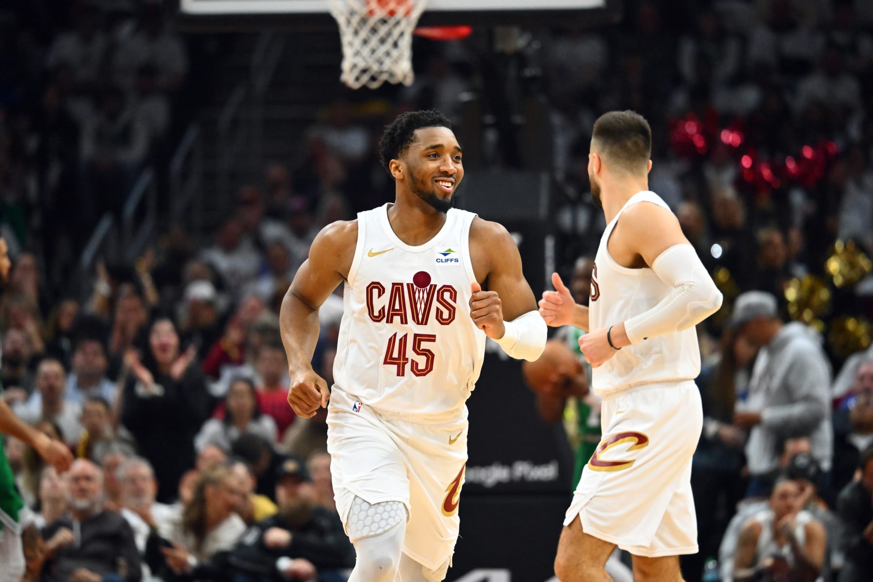 CLEVELAND, OHIO - MAY 11: Donovan Mitchell #45 of the Cleveland Cavaliers smiles during the second quarter of game three of the Eastern Conference Second Round Playoffs against the Boston Celtics at Rocket Mortgage Fieldhouse on May 11, 2024 in Cleveland, Ohio. The Celtics defeated the Cavaliers 106-93. NOTE TO USER: User expressly acknowledges and agrees that, by downloading and or using this photograph, User is consenting to the terms and conditions of the Getty Images License Agreement. (Photo by Jason Miller/Getty Images)
