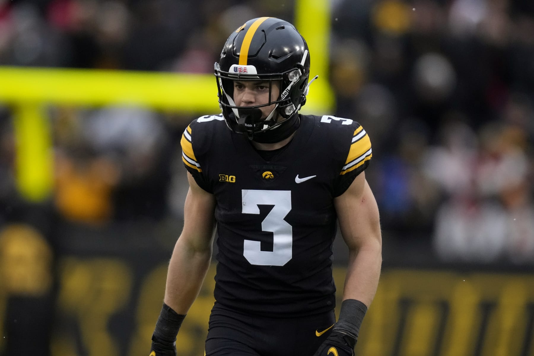 Iowa defensive back Cooper DeJean (3) gets set for a play during the first half of an NCAA college football game against Wisconsin, Saturday, Nov. 12, 2022, in Iowa City, Iowa. (AP Photo/Charlie Neibergall)