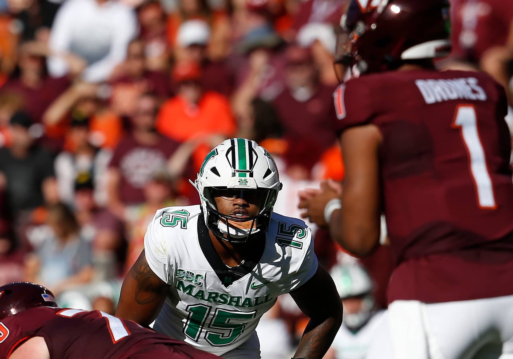 BLACKSBURG, VA - SEPTEMBER 07: Marshall Thundering Herd defensive lineman Mike Green (15) peeks into the backfield during a college football game between the Marshall Thundering Herd and the Virginia Tech Hokies on September 7, 2024, at Lane Stadium in Blacksburg, VA. (Photo by Lee Coleman/Icon Sportswire via Getty Images)
