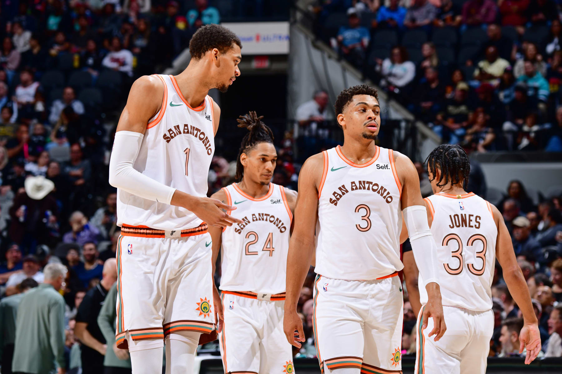 SAN ANTONIO, TX - FEBRUARY 3: Victor Wembanyama #1 of the San Antonio Spurs talks to Keldon Johnson #3 during the game against the Cleveland Cavaliers on February 3, 2024 at the Frost Bank Center in San Antonio, Texas. NOTE TO USER: User expressly acknowledges and agrees that, by downloading and or using this photograph, user is consenting to the terms and conditions of the Getty Images License Agreement. Mandatory Copyright Notice: Copyright 2024 NBAE (Photos by Barry Gossage/NBAE via Getty Images)