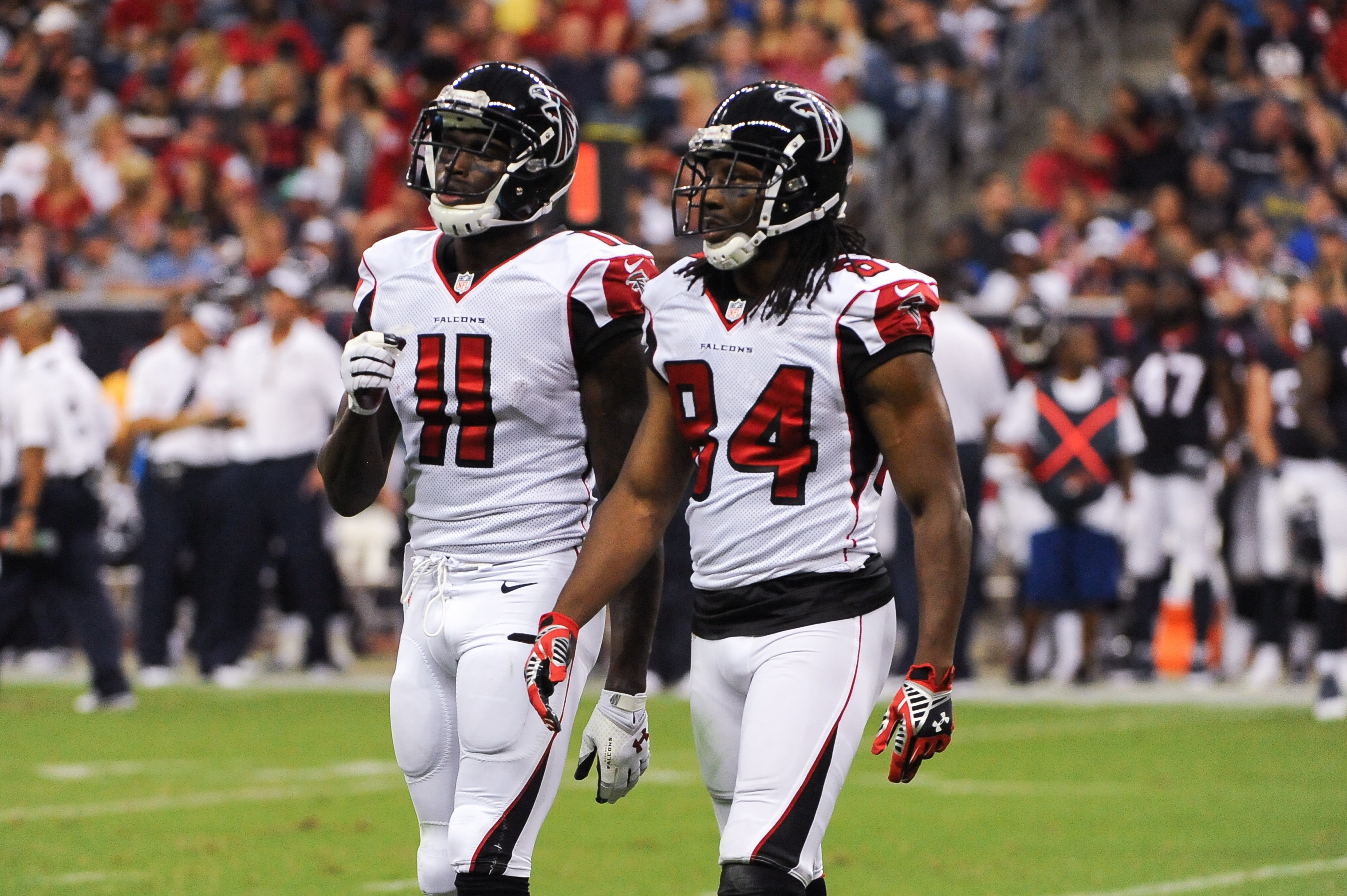 August 16th 2014: Atlanta Falcons WRs Julio Jones (11) and Roddy White (84) during the NFL preseason game between the Houston Texans and the Atlanta Falcons at NRG Stadium in Houston, Texas. (Photo by Robert Chambliss/Icon SMI/Corbis/Icon Sportswire via Getty Images)