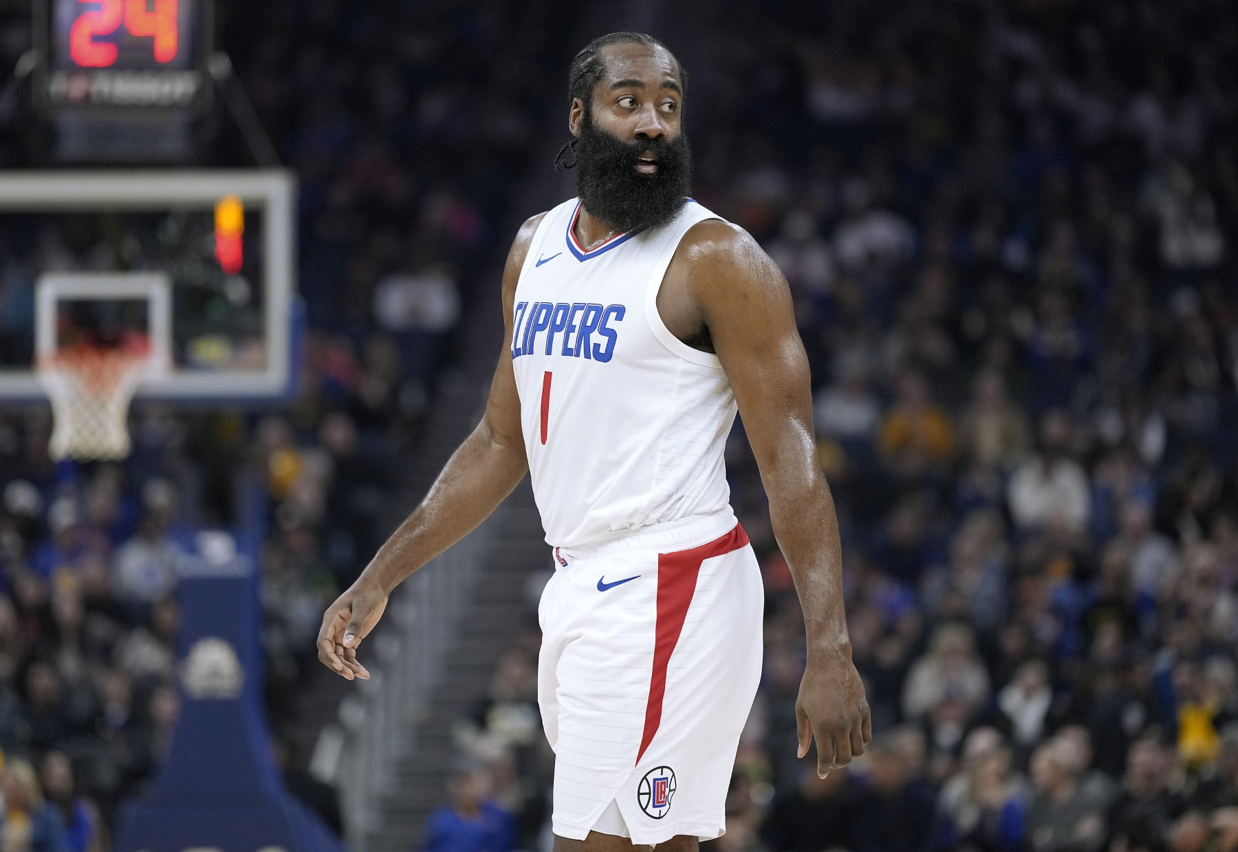 SAN FRANCISCO, CALIFORNIA - NOVEMBER 30: James Harden #1 of the LA Clippers looks on against the Golden State Warriors during the first half of an NBA basketball game at Chase Center on November 30, 2023 in San Francisco, California. NOTE TO USER: User expressly acknowledges and agrees that, by downloading and or using this photograph, User is consenting to the terms and conditions of the Getty Images License Agreement. (Photo by Thearon W. Henderson/Getty Images)