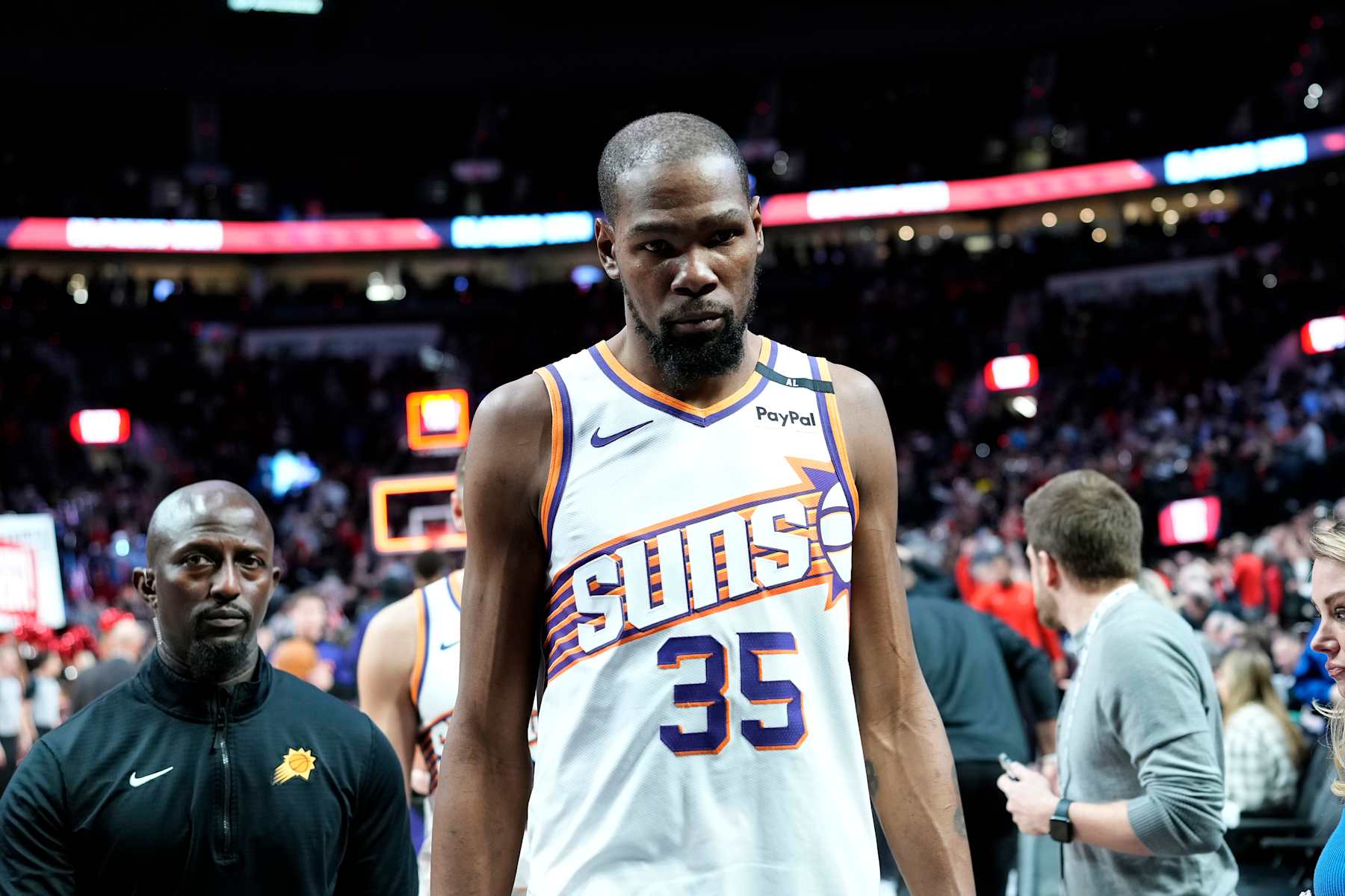 PORTLAND, OREGON - FEBRUARY 03: Kevin Durant #35 of the Phoenix Suns walks off the court after the game against the Portland Trail Blazers at Moda Center on February 03, 2025 in Portland, Oregon. NOTE TO USER: User expressly acknowledges and agrees that, by downloading and or using this photograph, User is consenting to the terms and conditions of the Getty Images License Agreement. (Photo by Soobum Im/Getty Images)