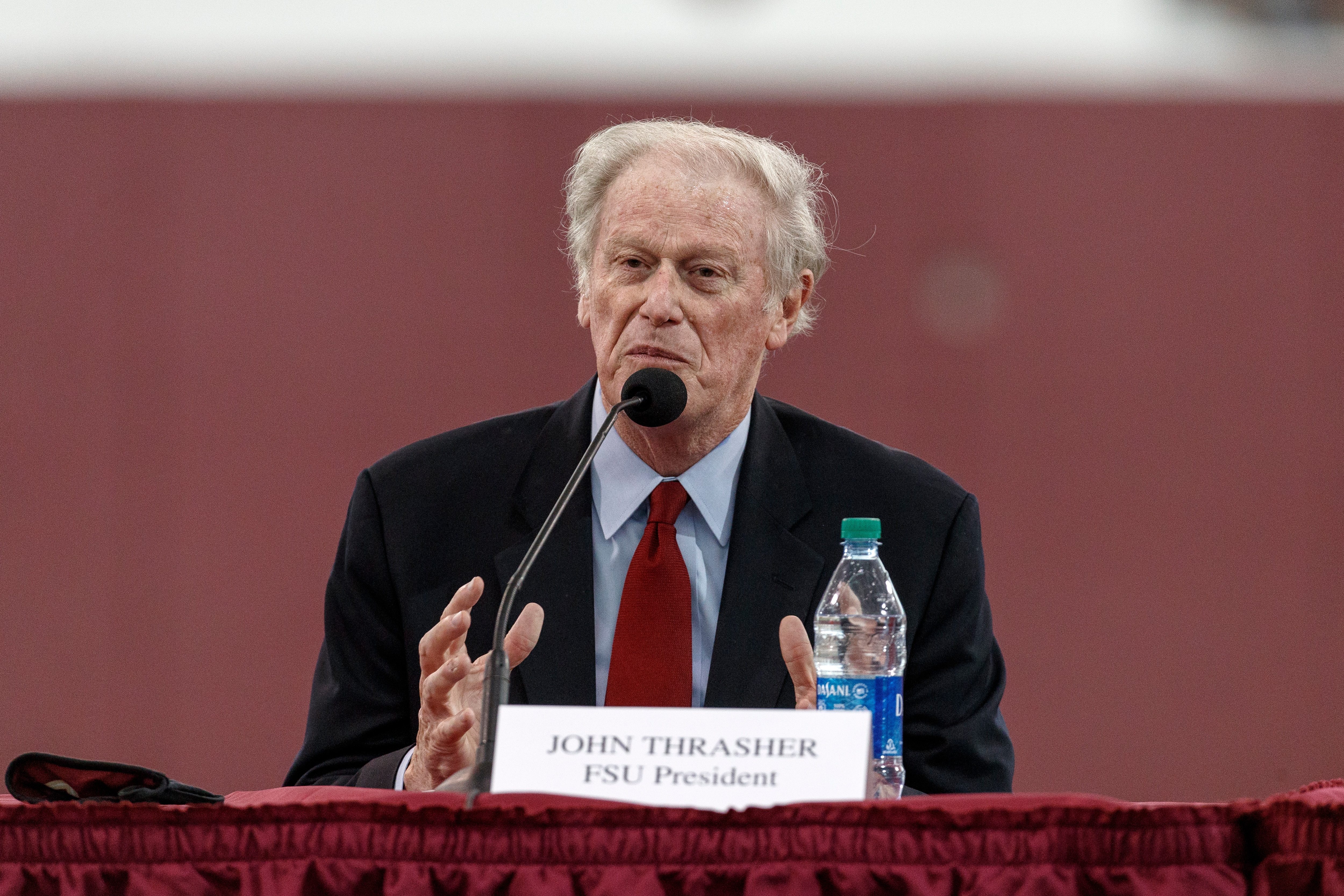 TALLAHASSEE, FL - AUGUST 11: Florida State University President John Thrasher speaks during a collegiate athletics roundtable about fall sports at the Albert J. Dunlap Athletic Training Facility on the campus of Florida State University on August 11, 2020 in Tallahassee, Florida. (Photo by Don Juan Moore/Getty Images)