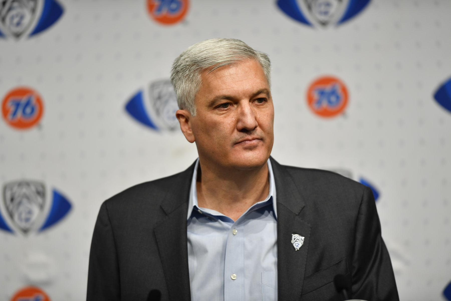 LAS VEGAS, NEVADA - DECEMBER 03: Pac-12 commissioner George Kliavkoff speaks at a press conference before the PAC-12 Football Championship football game between the Oregon Ducks and the Utah Utes at Allegiant Stadium on December 03, 2021 in Las Vegas, Nevada. (Photo by Alika Jenner/Getty Images)