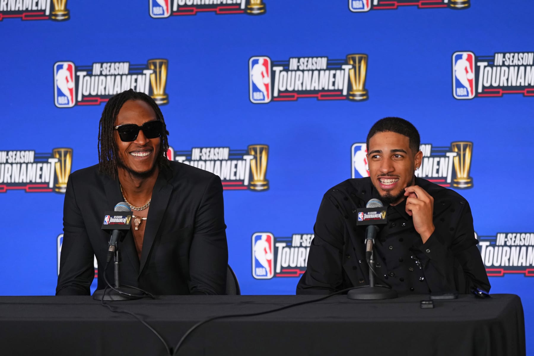 LAS VEGAS, NV - DECEMBER 7: Myles Turner #33 and Tyrese Haliburton #0 of the Indiana Pacers talk to the media after the game against the Milwaukee Bucks during the semifinals of the In-Season Tournament on December 7, 2023 at T-Mobile Arena in Las Vegas, Nevada. NOTE TO USER: User expressly acknowledges and agrees that, by downloading and or using this photograph, User is consenting to the terms and conditions of the Getty Images License Agreement. Mandatory Copyright Notice: Copyright 2023 NBAE (Photo by Jeff Bottari/NBAE via Getty Images)