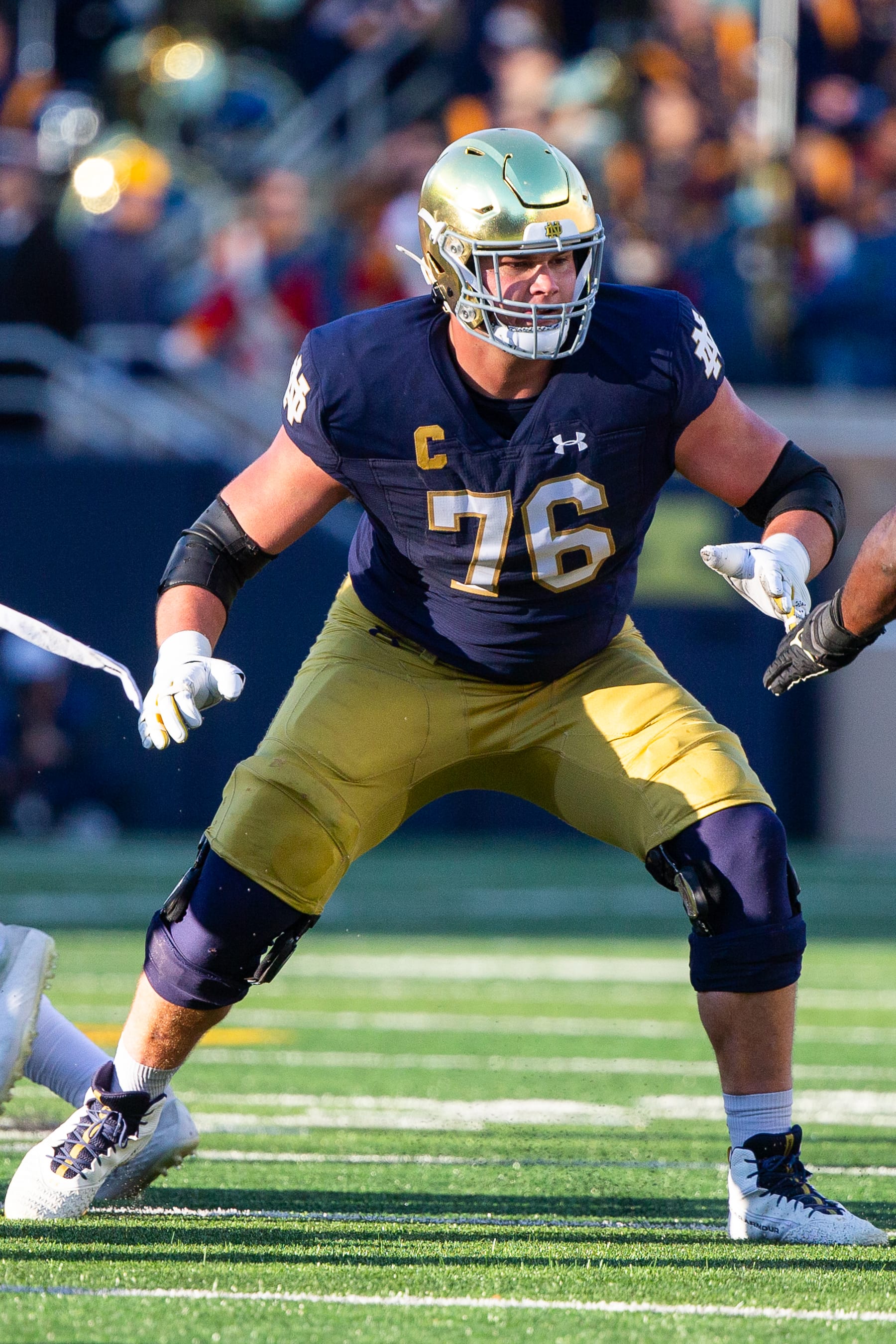 SOUTH BEND, IN - NOVEMBER 18: Joe Alt #76 of Notre Dame blocks during a game between Wake Forest University and University of Notre Dame at Notre Dame Stadium on November 18, 2023 in South Bend, Indiana. (Photo by Michael Miller/ISI Photos/Getty Images)