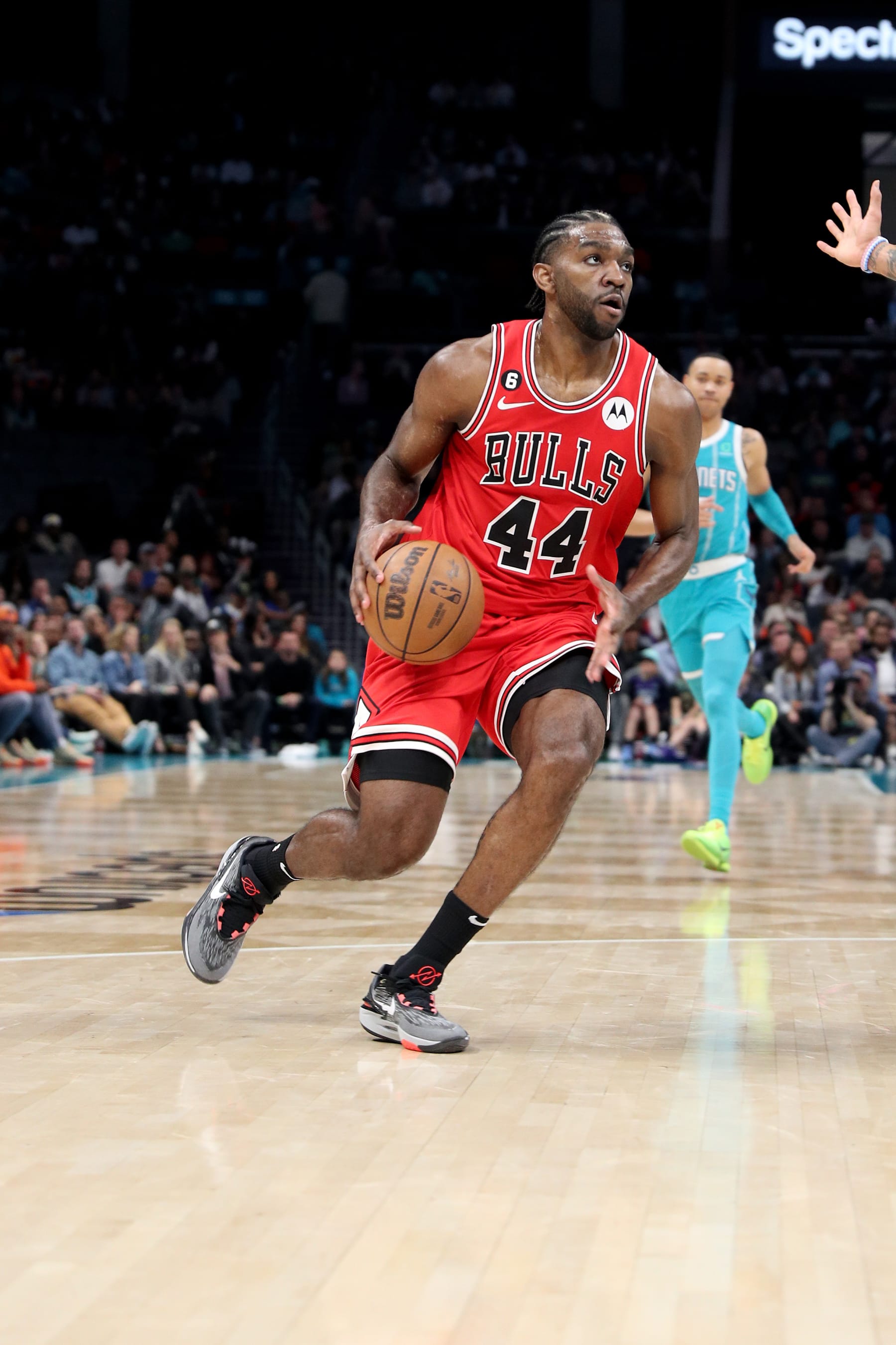 CHARLOTTE, NC - MARCH 31: Patrick Williams #44 of the Chicago Bulls handles the ball during the game against the Charlotte Hornets  on March 31, 2023 at Spectrum Center in Charlotte, North Carolina. NOTE TO USER: User expressly acknowledges and agrees that, by downloading and or using this photograph, User is consenting to the terms and conditions of the Getty Images License Agreement.  Mandatory Copyright Notice:  Copyright 2023 NBAE (Photo by Brock Williams-Smith/NBAE via Getty Images)