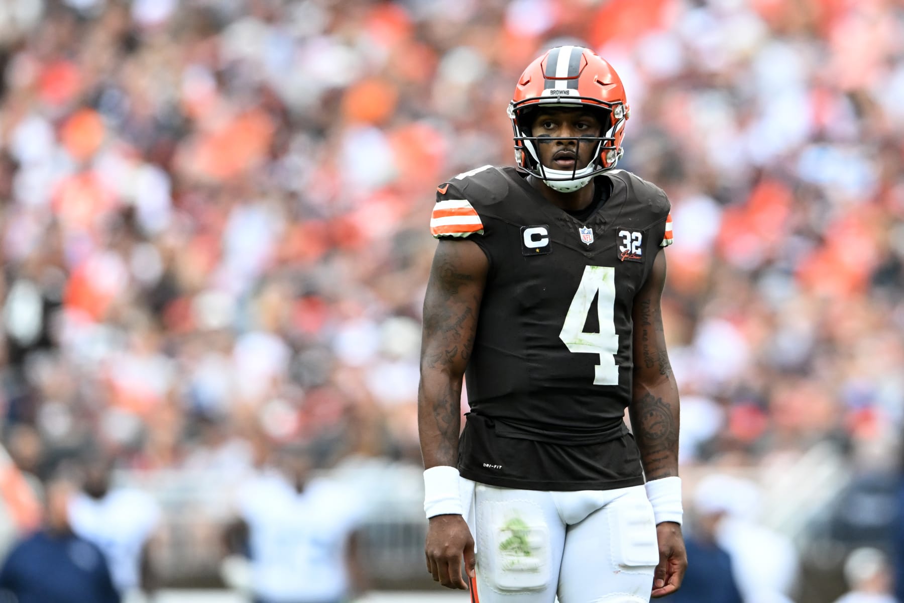 CLEVELAND, OHIO - SEPTEMBER 24: Deshaun Watson #4 of the Cleveland Browns looks on during the second half against the Tennessee Titans at Cleveland Browns Stadium on September 24, 2023 in Cleveland, Ohio. (Photo by Nick Cammett/Diamond Images via Getty Images)