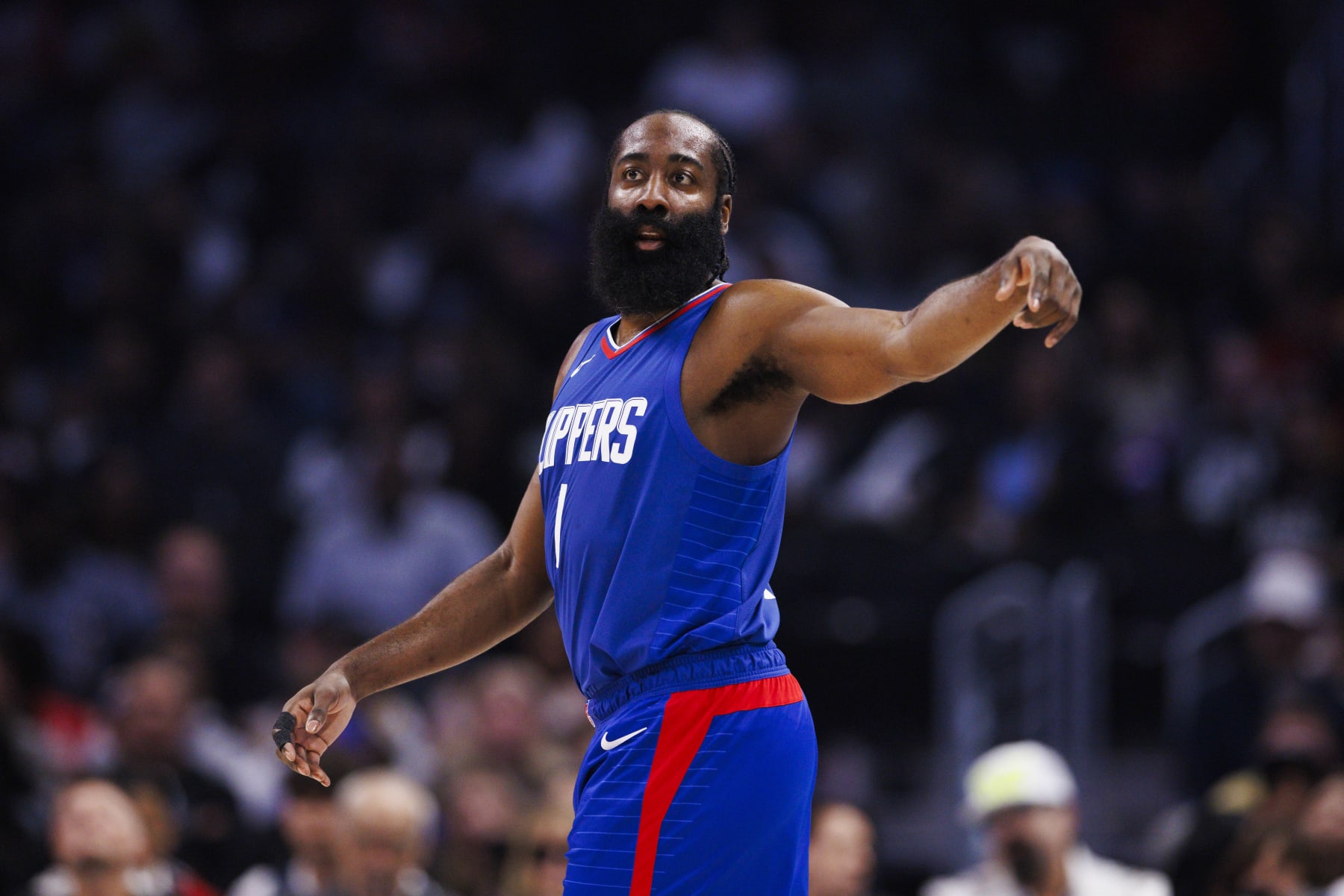 LOS ANGELES, CA - APRIL 05: LA Clippers guard James Harden (1) during an NBA basketball game against the Utah Jazz on April 5, 2024 at Crypto.com Arena in Los Angeles, CA. (Photo by Ric Tapia/Icon Sportswire via Getty Images)