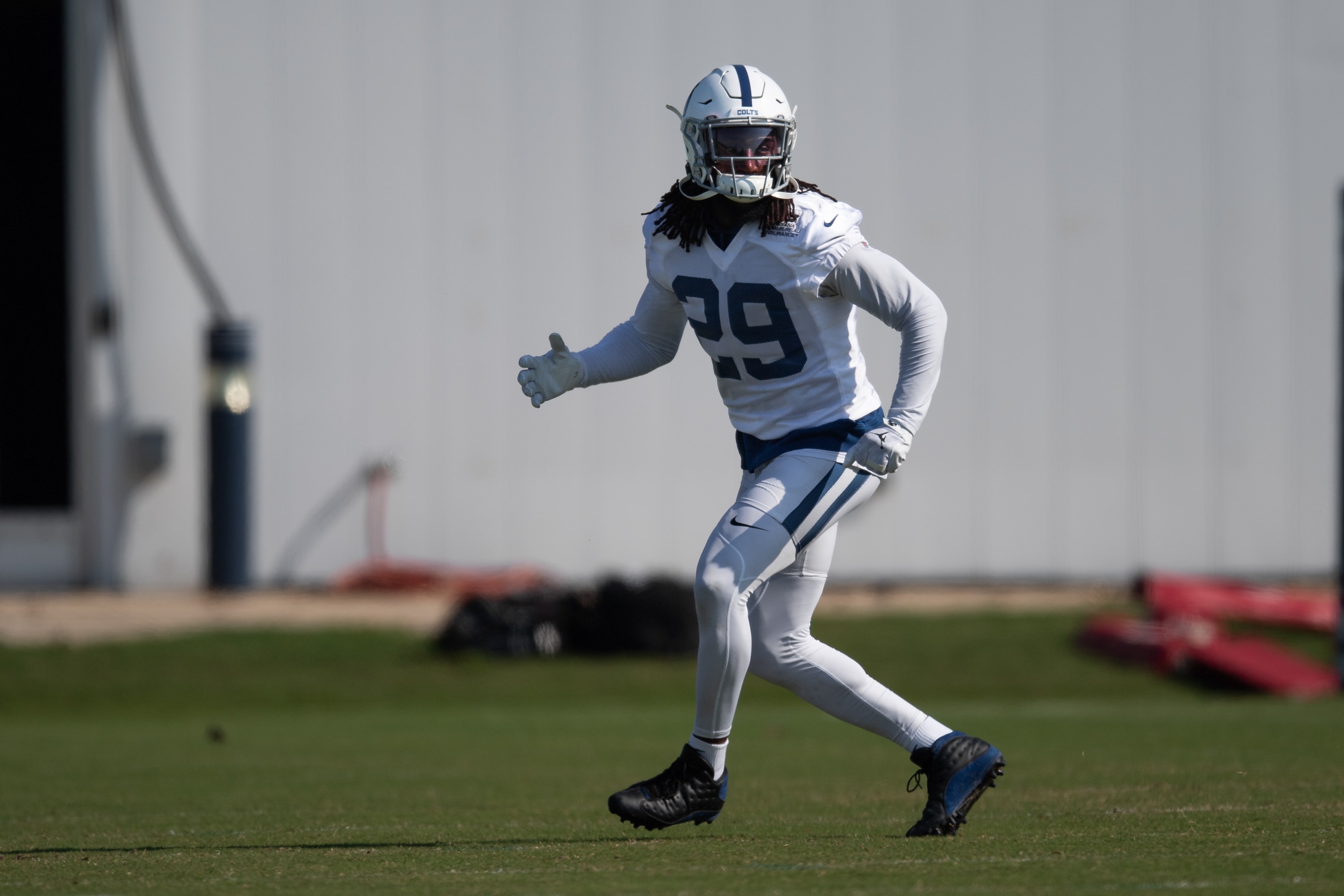 INDIANAPOLIS, IN - AUGUST 23: Indianapolis Colts safety Malik Hooker (29) runs through a drill during the Indianapolis Colts training camp practice on August 23, 2020 at the Indiana Farm Bureau Football Center in Indianapolis, IN. (Photo by Zach Bolinger/Icon Sportswire via Getty Images)