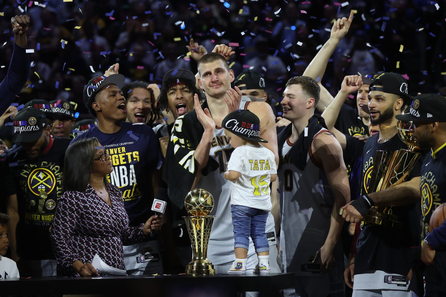 DENVER, COLORADO - JUNE 12: Nikola Jokic #15 of the Denver Nuggets is presented the Bill Russell NBA Finals Most Valuable Player Award after a 94-89 victory against the Miami Heat in Game Five of the 2023 NBA Finals to win the NBA Championship at Ball Arena on June 12, 2023 in Denver, Colorado. NOTE TO USER: User expressly acknowledges and agrees that, by downloading and or using this photograph, User is consenting to the terms and conditions of the Getty Images License Agreement. (Photo by Matthew Stockman/Getty Images)