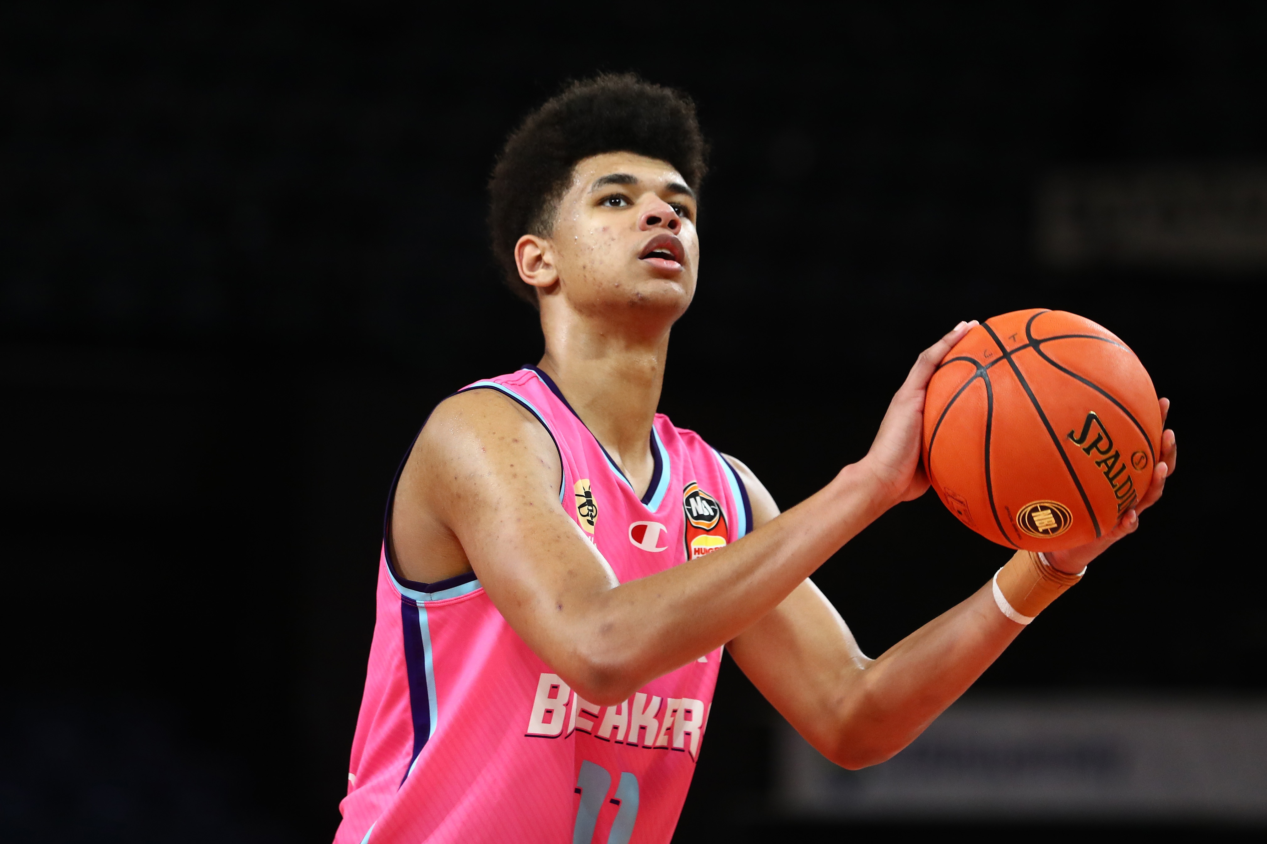 CAIRNS, AUSTRALIA - MARCH 27: Ousmane Dieng of the Breakers shoots during the round 17 NBL match between New Zealand Breakers and Cairns Taipans at Cairns Convention Centre on March 27, 2022, in Cairns, Australia. (Photo by Chris Hyde/Getty Images)
