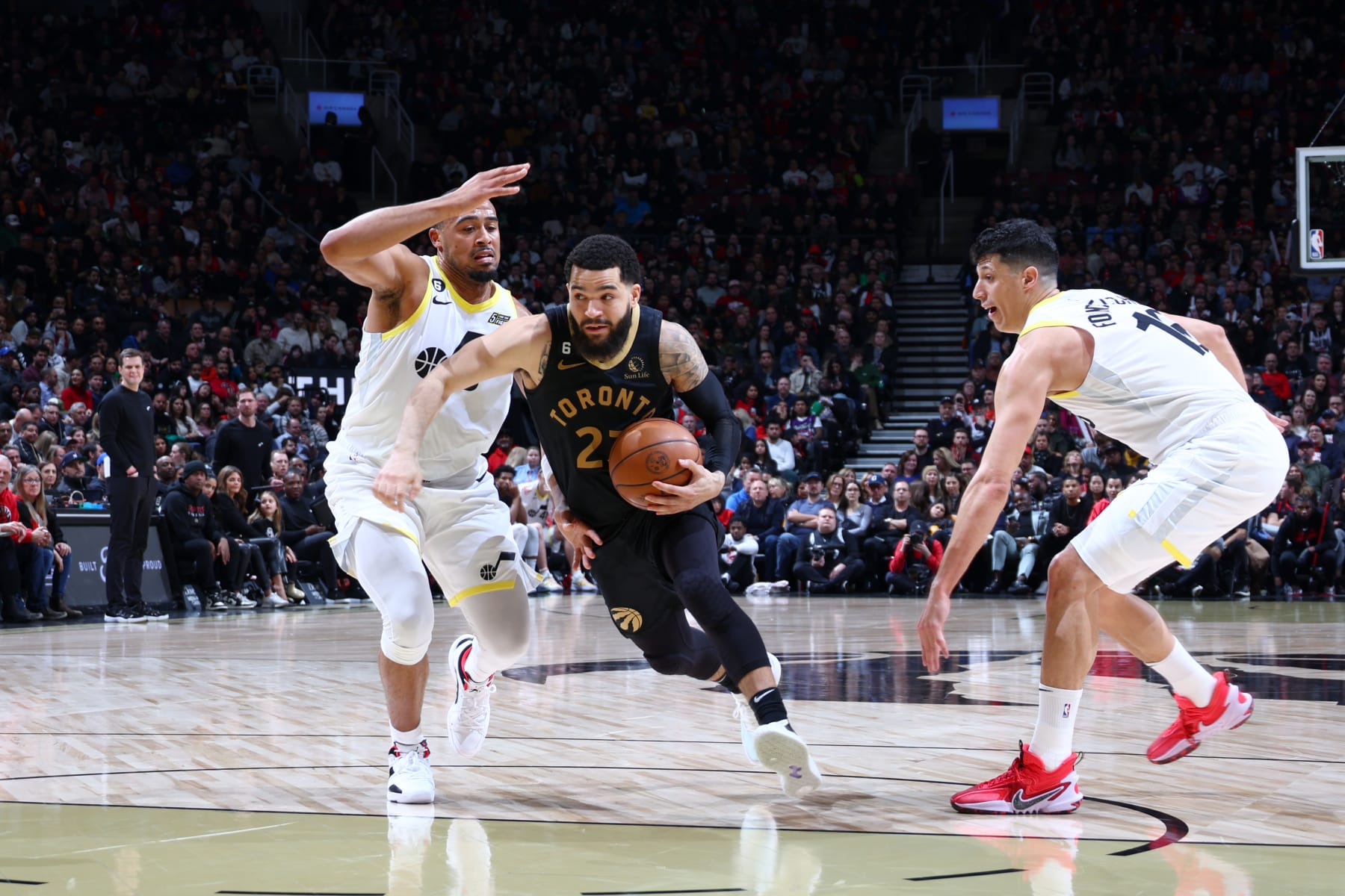 TORONTO, CANADA - FEBRUARY 10: Fred VanVleet #23 of the Toronto Raptors moves the ball during the game against the Utah Jazz on February 10, 2023 at the Scotiabank Arena in Toronto, Ontario, Canada.  NOTE TO USER: User expressly acknowledges and agrees that, by downloading and or using this Photograph, user is consenting to the terms and conditions of the Getty Images License Agreement.  Mandatory Copyright Notice: Copyright 2023 NBAE (Photo by Vaughn Ridley/NBAE via Getty Images)