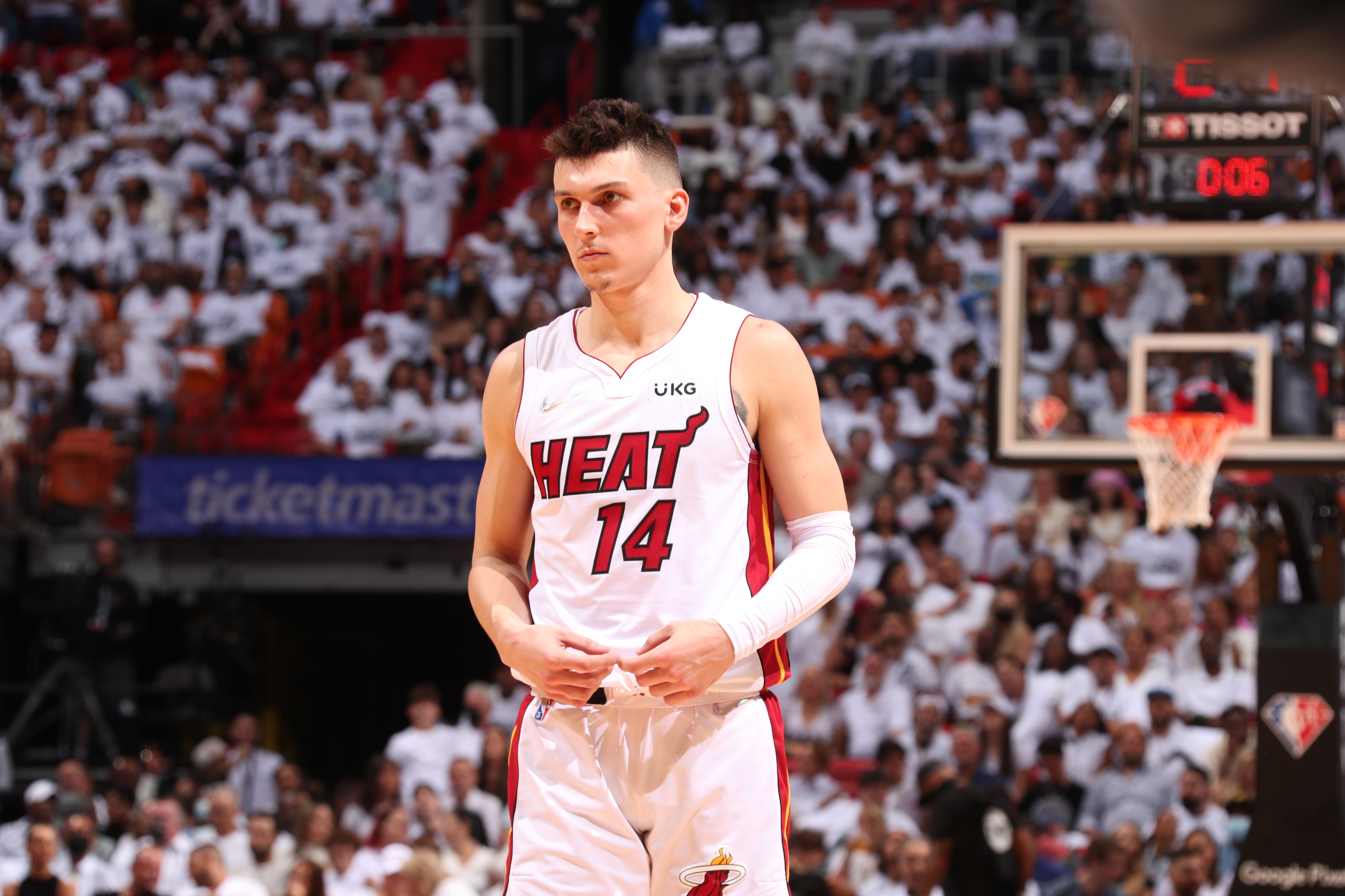 MIAMI, FL - APRIL 19: Tyler Herro #14 of the Miami Heat looks on during the game against the Atlanta Hawks during Round 1 Game 2 of the 2022 NBA Playoffs on April 19, 2022 at FTX Arena in Miami, Florida. NOTE TO USER: User expressly acknowledges and agrees that, by downloading and or using this Photograph, user is consenting to the terms and conditions of the Getty Images License Agreement. Mandatory Copyright Notice: Copyright 2022 NBAE (Photo by Issac Baldizon/NBAE via Getty Images)