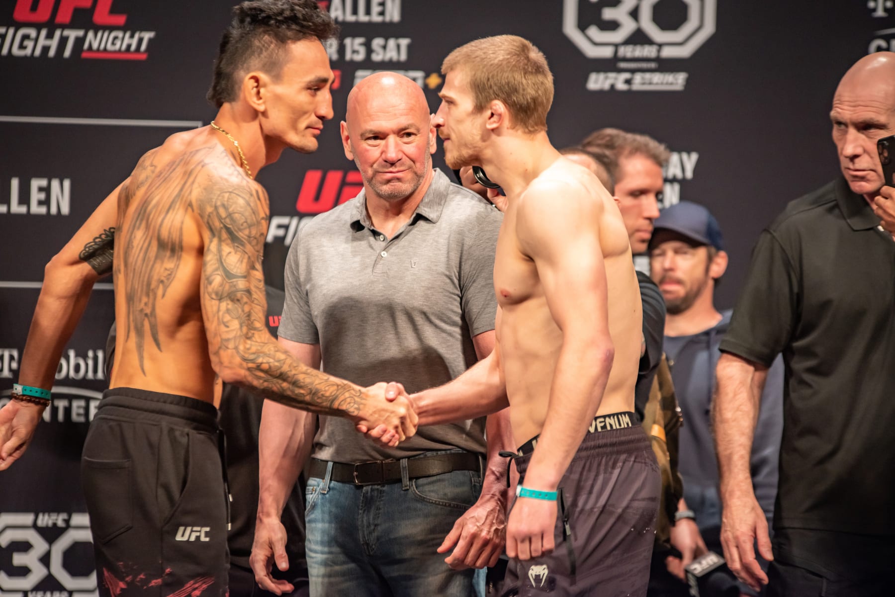 KANSAS CITY, MISSOURI - APRIL 14: (L-R) Max Holloway and Arnold Allen step on the scales and face off at the ceremonial weigh ins for UFC Fight Night Kansas City on April 14, 2023, at the T-Mobile Center in Kansas City, MO. (Photo by Matt Davies/PxImages/Icon Sportswire via Getty Images)