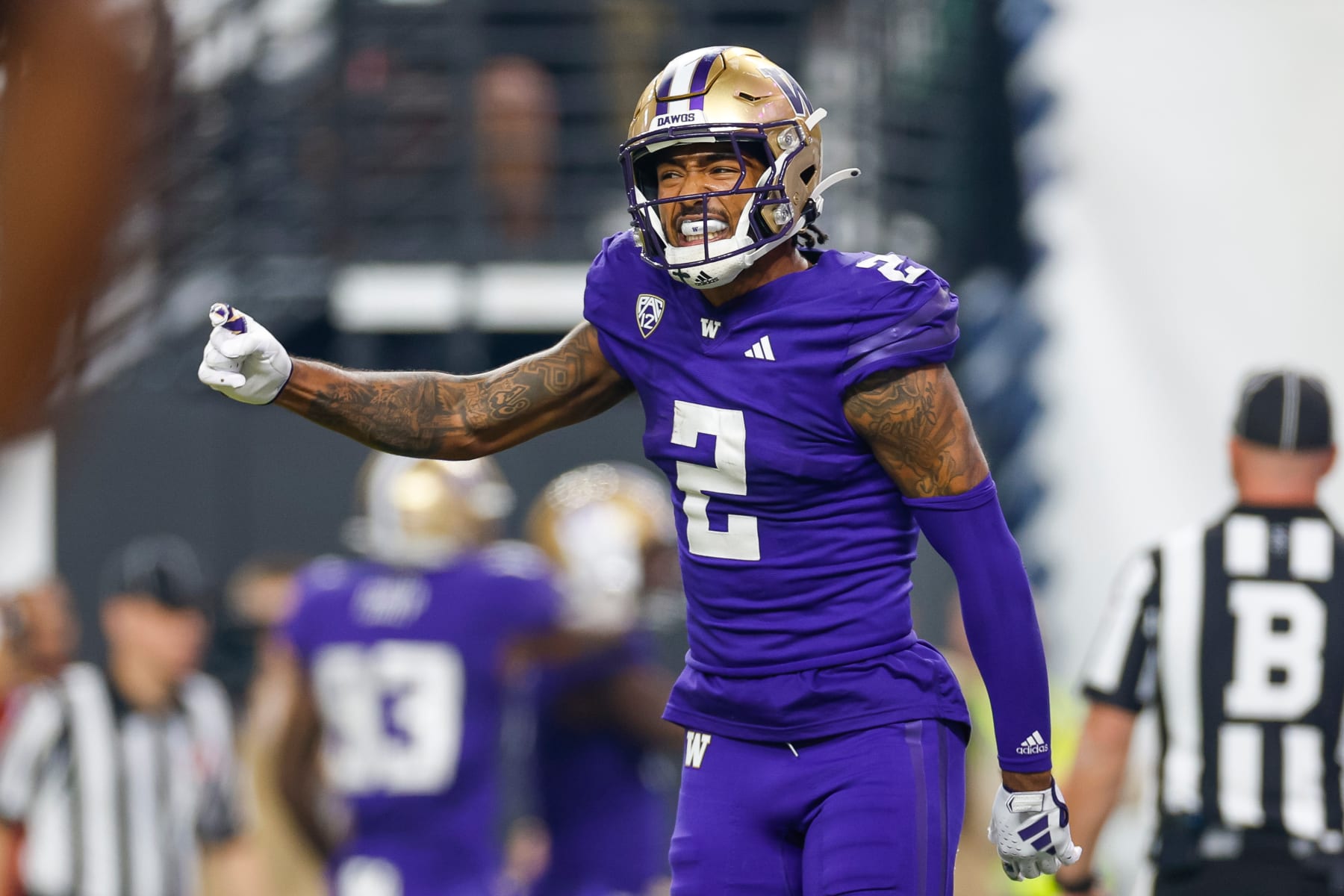 LAS VEGAS, NEVADA - DECEMBER 1: Ja'Lynn Polk #2 of the Washington Huskies reacts during the Pac-12 Championship game against the Oregon Ducks at Allegiant Stadium on December 1, 2023 in Las Vegas, Nevada. (Photo by Brandon Sloter/Image Of Sport/Getty Images)