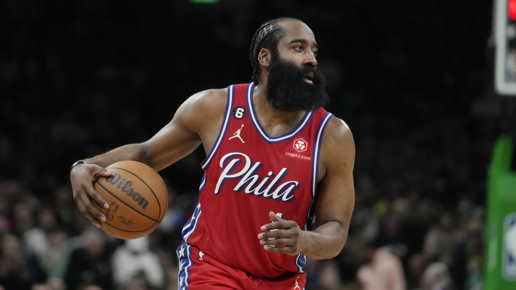 Philadelphia 76ers guard James Harden (1) during Game 1 in the NBA basketball Eastern Conference semifinals playoff series, Monday, May 1, 2023, in Boston. (AP Photo/Charles Krupa)