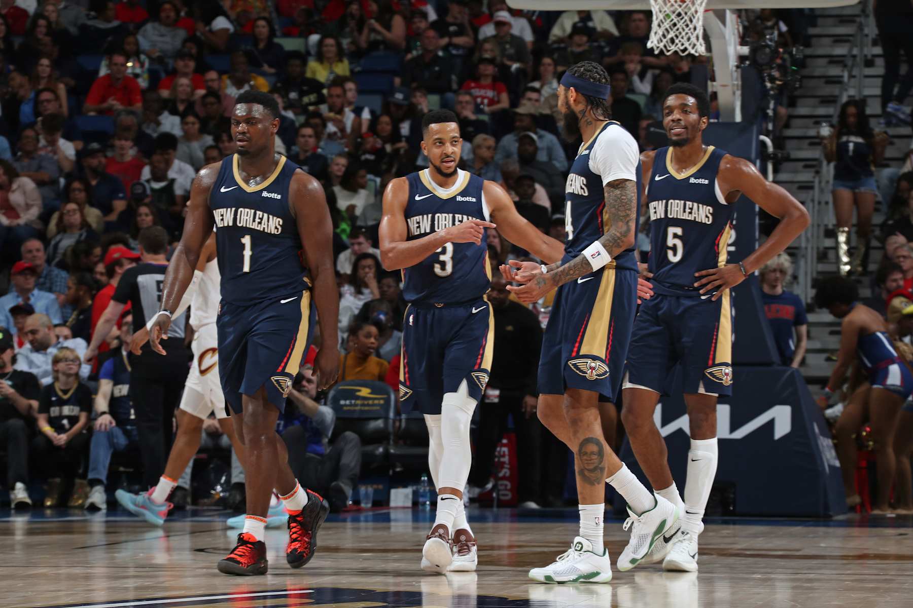 NEW ORLEANS, LA - MARCH 13: CJ McCollum #3 of the New Orleans Pelicans talks to Brandon Ingram #14 during the game against the Cleveland Cavaliers on March 13, 2024 at the Smoothie King Center in New Orleans, Louisiana. NOTE TO USER: User expressly acknowledges and agrees that, by downloading and or using this Photograph, user is consenting to the terms and conditions of the Getty Images License Agreement. Mandatory Copyright Notice: Copyright 2024 NBAE (Photo by Layne Murdoch Jr./NBAE via Getty Images)
