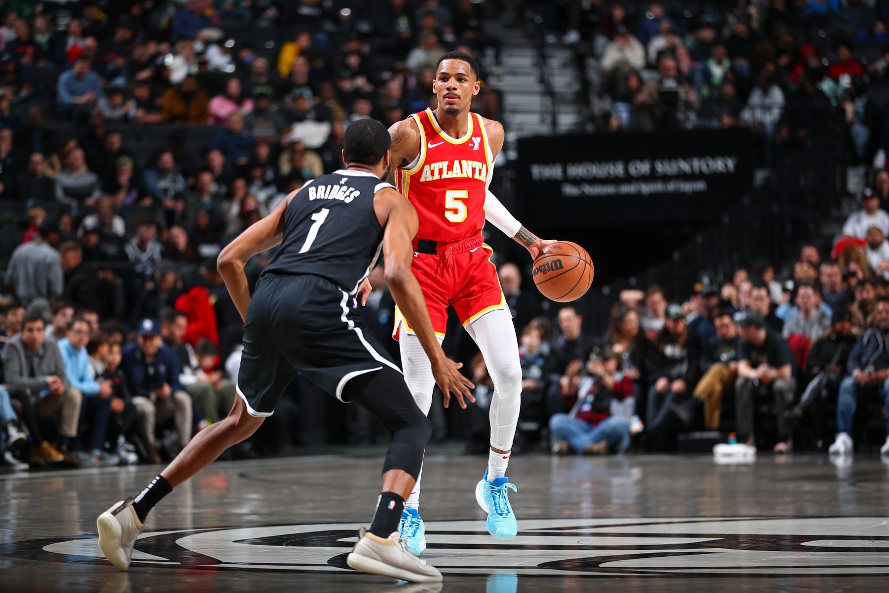 BROOKLYN, NY - MARCH 2: Dejounte Murray #5 of the Atlanta Hawks looks on during the game against the Brooklyn Nets on March 2, 2024 at Barclays Center in Brooklyn, New York. NOTE TO USER: User expressly acknowledges and agrees that, by downloading and or using this Photograph, user is consenting to the terms and conditions of the Getty Images License Agreement. Mandatory Copyright Notice: Copyright 2024 NBAE (Photo by David L. Nemec/NBAE via Getty Images)