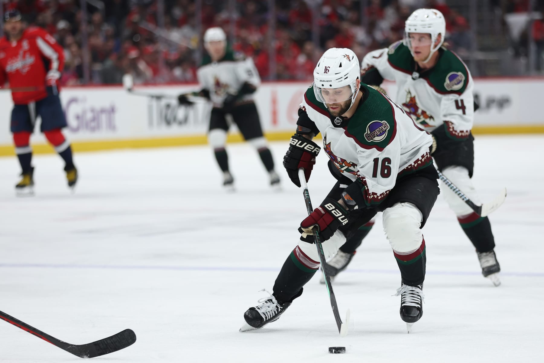 WASHINGTON, DC - MARCH 03: Jason Zucker #16 of the Arizona Coyotes skates against the Washington Capitals during the first period at Capital One Arena on March 03, 2024 in Washington, DC. (Photo by Patrick Smith/Getty Images)