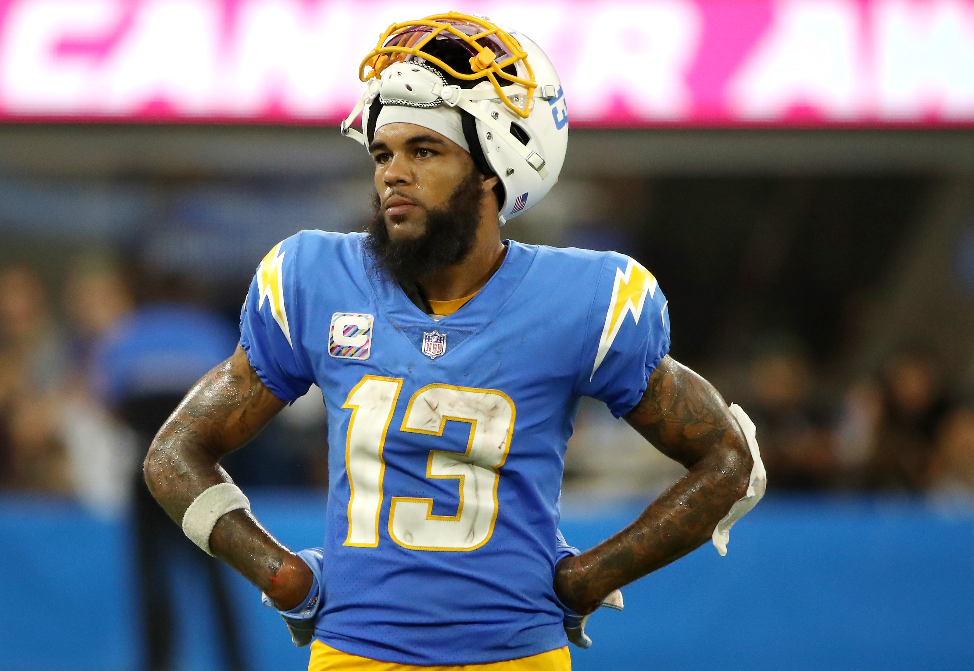 INGLEWOOD, CALIFORNIA - OCTOBER 04: Keenan Allen #13 of the Los Angeles Chargers looks on during the fourth quarter against the Las Vegas Raiders at SoFi Stadium on October 04, 2021 in Inglewood, California. (Photo by Katelyn Mulcahy/Getty Images)