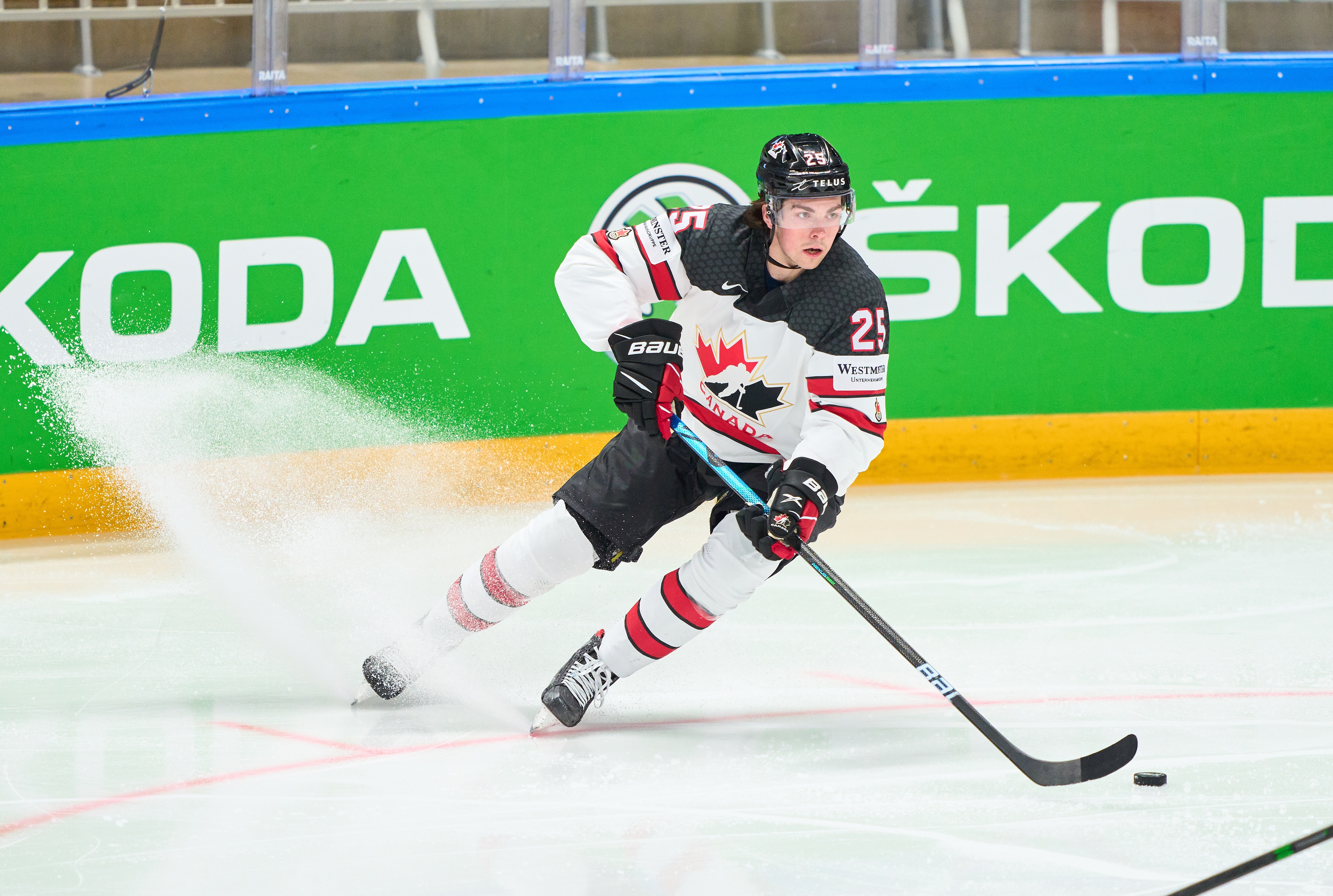 RIGA, LATVIA - JUNE 05: Owen Power #25 of Canada  in action during the 2021 IIHF Ice Hockey World Championship Semi Final game between USA and Canada at Arena Riga on June 5, 2021 in Riga, Latvia. Canada defeated the United States 4-2. (Photo by EyesWideOpen/Getty Images)