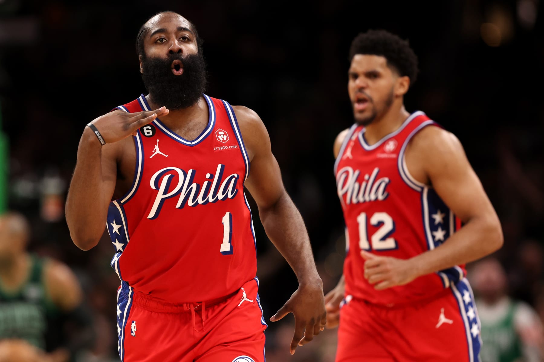 BOSTON, MASSACHUSETTS - MAY 01: James Harden #1 of the Philadelphia 76ers celebrates after hitting a three point shot against the Philadelphia 76ers during the second half in game one of the Eastern Conference Second Round Playoffs  at TD Garden on May 01, 2023 in Boston, Massachusetts. The 76ers defeat the Celtics 119-115 NOTE TO USER: User expressly acknowledges and agrees that, by downloading and or using this photograph, User is consenting to the terms and conditions of the Getty Images License Agreement.  (Photo by Maddie Meyer/Getty Images)