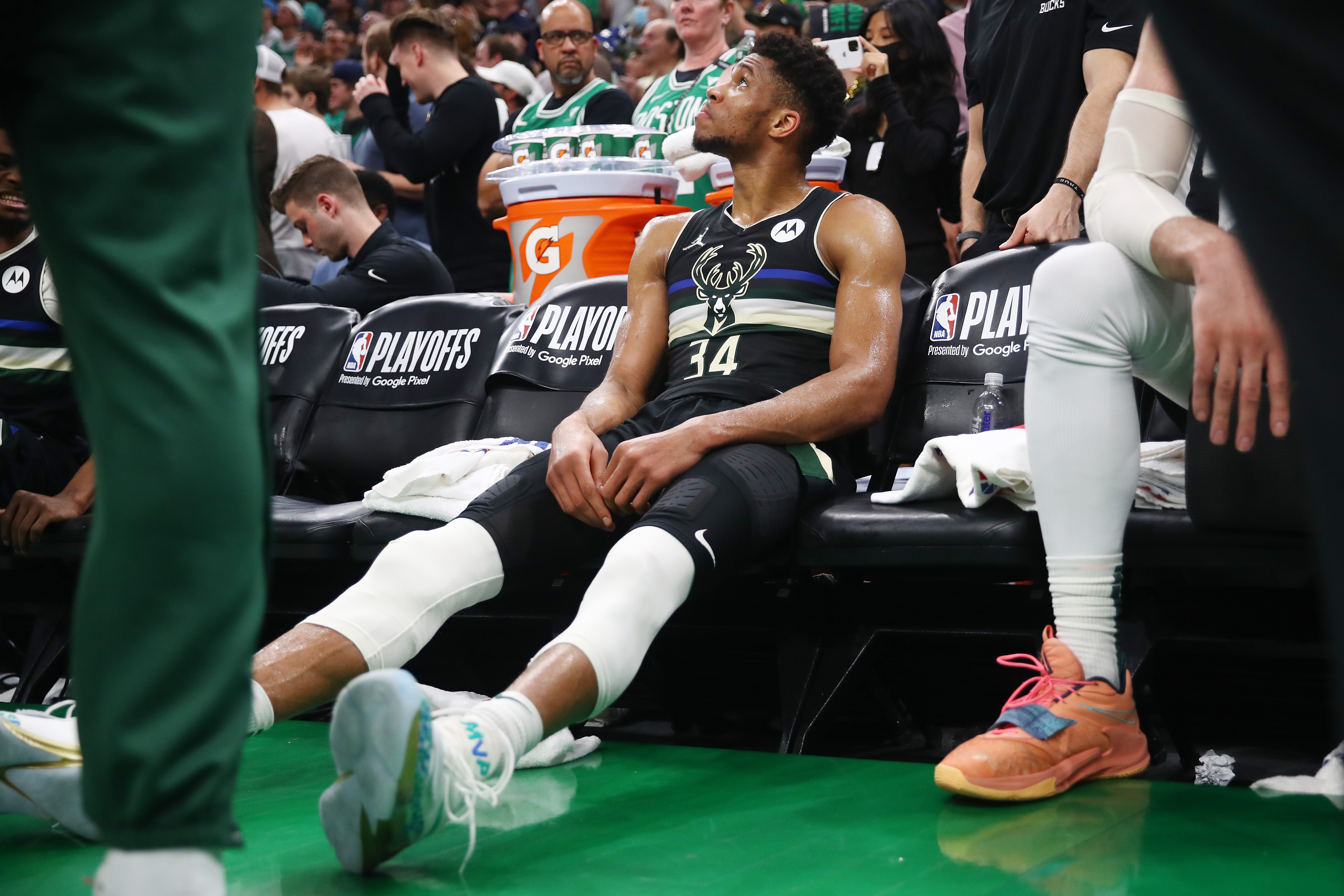BOSTON, MASSACHUSETTS - MAY 15: Giannis Antetokounmpo #34 of the Milwaukee Bucks reacts on the bench during the fourth quarter in Game Seven of the 2022 NBA Playoffs Eastern Conference Semifinals against the Boston Celtics at TD Garden on May 15, 2022 in Boston, Massachusetts. NOTE TO USER: User expressly acknowledges and agrees that, by downloading and/or using this photograph, User is consenting to the terms and conditions of the Getty Images License Agreement. (Photo by Adam Glanzman/Getty Images)