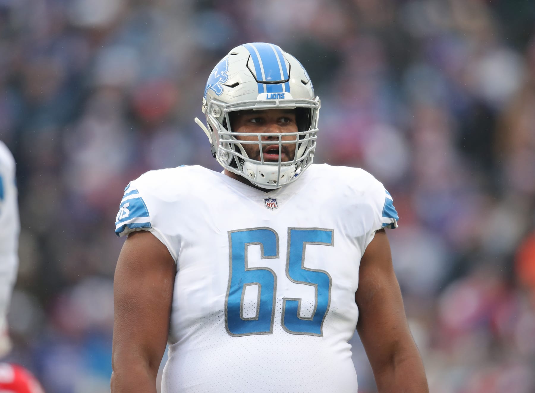 BUFFALO, NY - DECEMBER 16: Tyrell Crosby #65 of the Detroit Lions looks on during NFL game action against the Buffalo Bills at New Era Field on December 16, 2018 in Buffalo, New York. (Photo by Tom Szczerbowski/Getty Images)