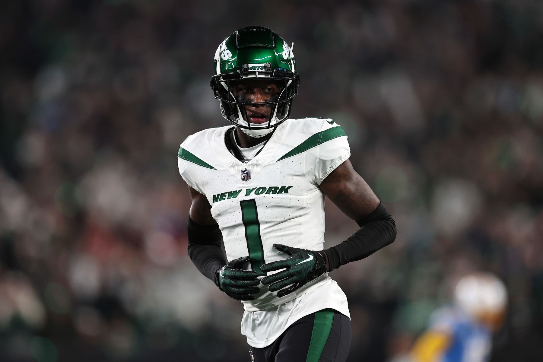 EAST RUTHERFORD, NEW JERSEY - NOVEMBER 06: Sauce Gardner #1 of the New York Jets looks on during the first half against the Los Angeles Chargers at MetLife Stadium on November 06, 2023 in East Rutherford, New Jersey. (Photo by Dustin Satloff/Getty Images)