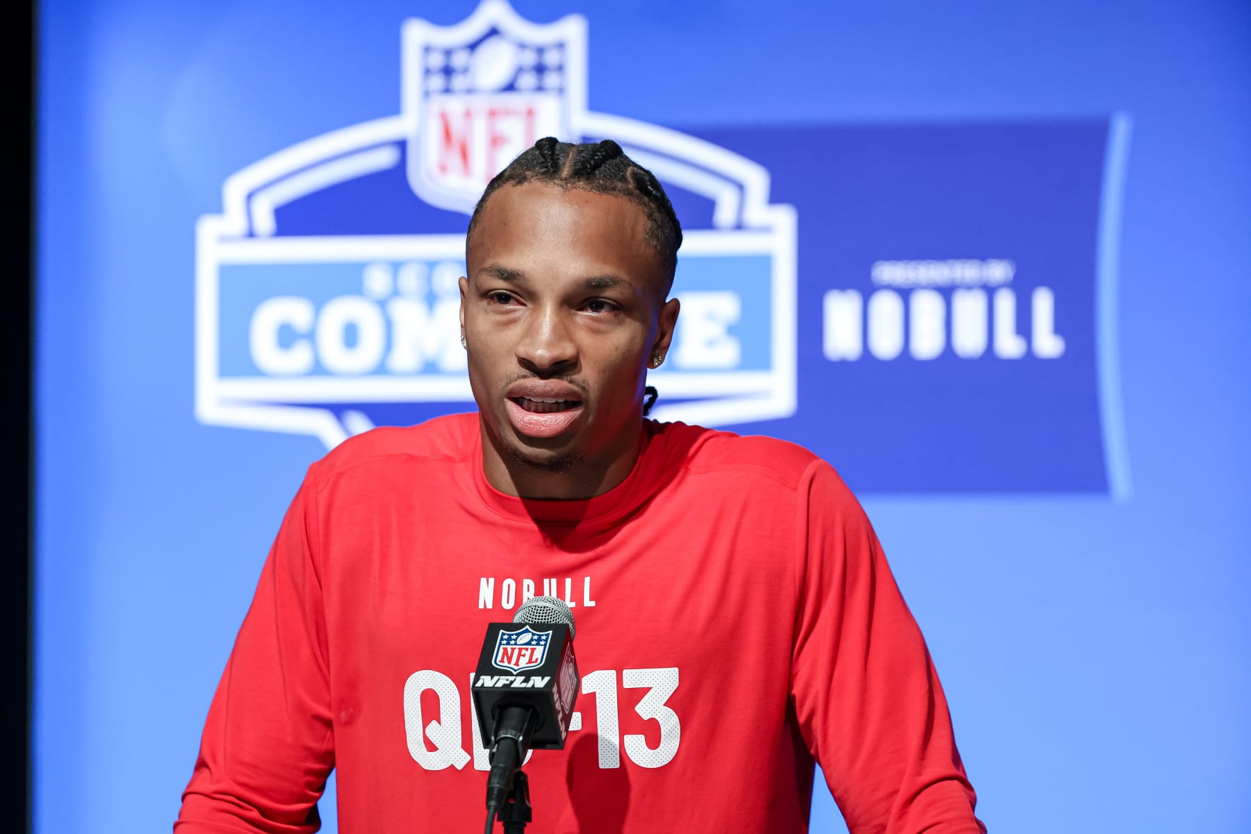 INDIANAPOLIS, IN - MARCH 03: Quarterback Dorian ThompsonRobinson of UCLA speaks to the media during the NFL Combine at Lucas Oil Stadium on March 3, 2023 in Indianapolis, Indiana. (Photo by Michael Hickey/Getty Images)
