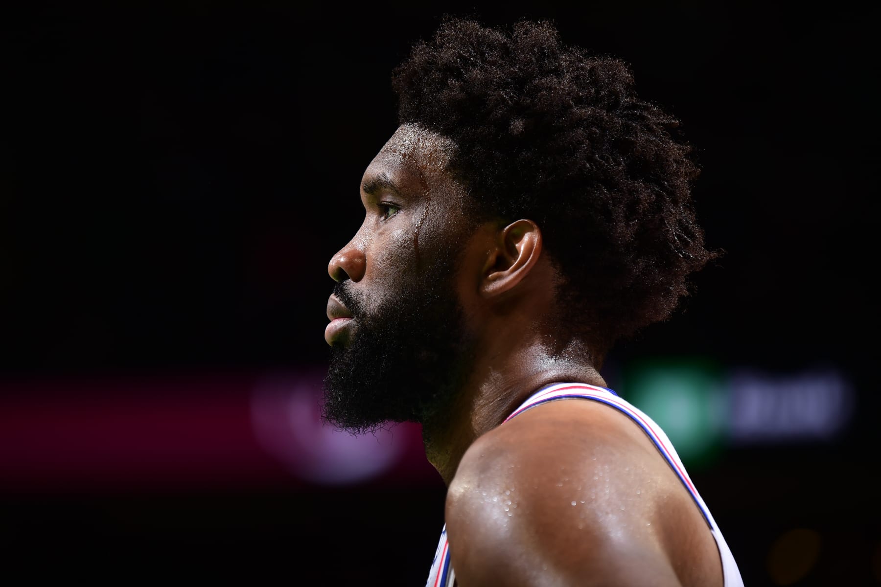 BOSTON, MA - MAY 14: Joel Embiid #21 of the Philadelphia 76ers looks on during the game against the Boston Celtics during the Eastern Conference Semi-Finals of the 2023 NBA Playoffs on May 14, 2023 at the TD Garden in Boston, Massachusetts. NOTE TO USER: User expressly acknowledges and agrees that, by downloading and or using this photograph, User is consenting to the terms and conditions of the Getty Images License Agreement. Mandatory Copyright Notice: Copyright 2023 NBAE  (Photo by Brian Babineau/NBAE via Getty Images)