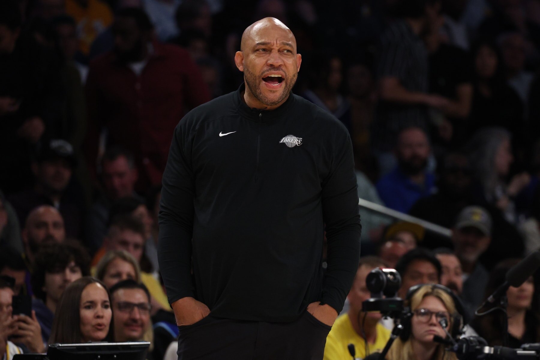 LOS ANGELES, CALIFORNIA - MAY 22: Head coach Darvin Ham of the Los Angeles Lakers reacts during the first quarter against the Denver Nuggets in game four of the Western Conference Finals at Crypto.com Arena on May 22, 2023 in Los Angeles, California. NOTE TO USER: User expressly acknowledges and agrees that, by downloading and or using this photograph, User is consenting to the terms and conditions of the Getty Images License Agreement. (Photo by Harry How/Getty Images)