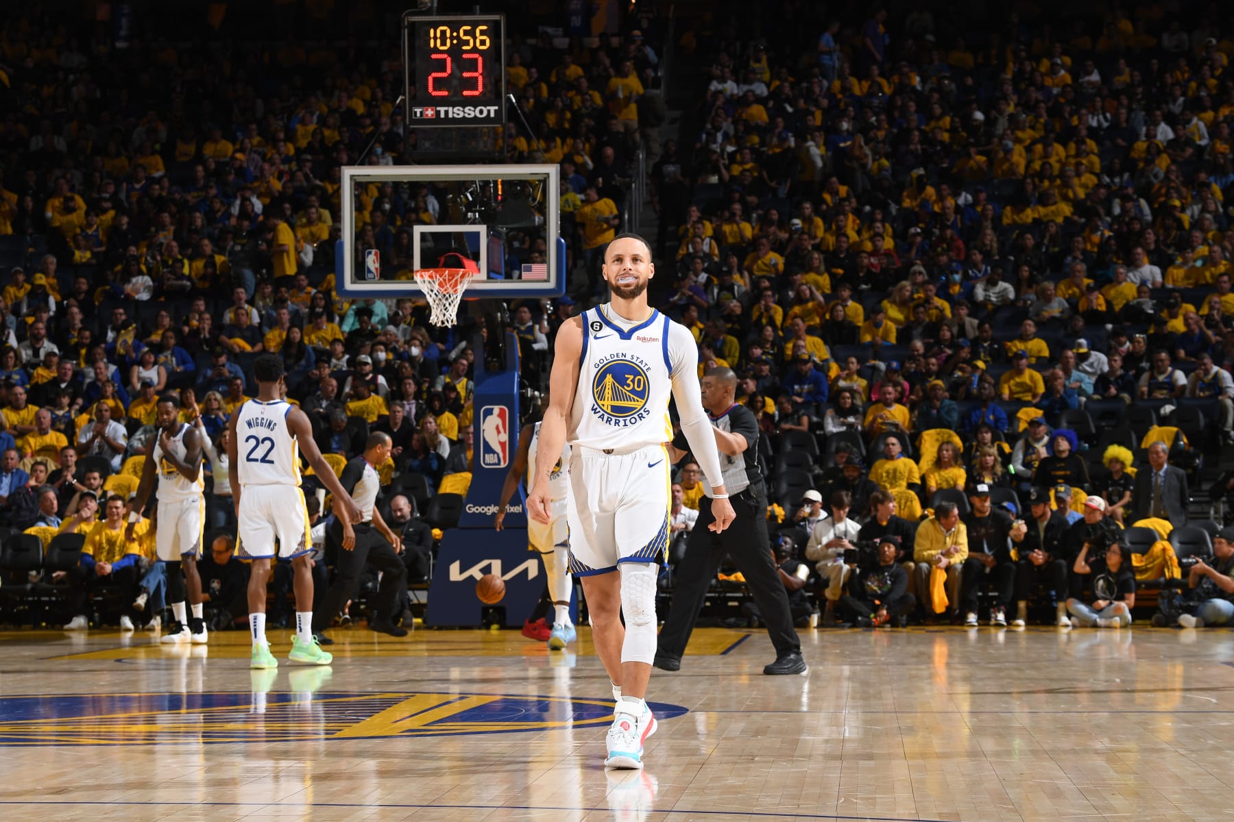 SAN FRANCISCO, CA - MAY 4: Stephen Curry #30 of the Golden State Warriors looks on during the game against the Los Angeles Lakers during Game 2 of the 2023 NBA Playoffs Western Conference Semifinals on May 4, 2023 at Chase Center in San Francisco, California. NOTE TO USER: User expressly acknowledges and agrees that, by downloading and or using this photograph, user is consenting to the terms and conditions of Getty Images License Agreement. Mandatory Copyright Notice: Copyright 2023 NBAE (Photo by Noah Graham/NBAE via Getty Images)