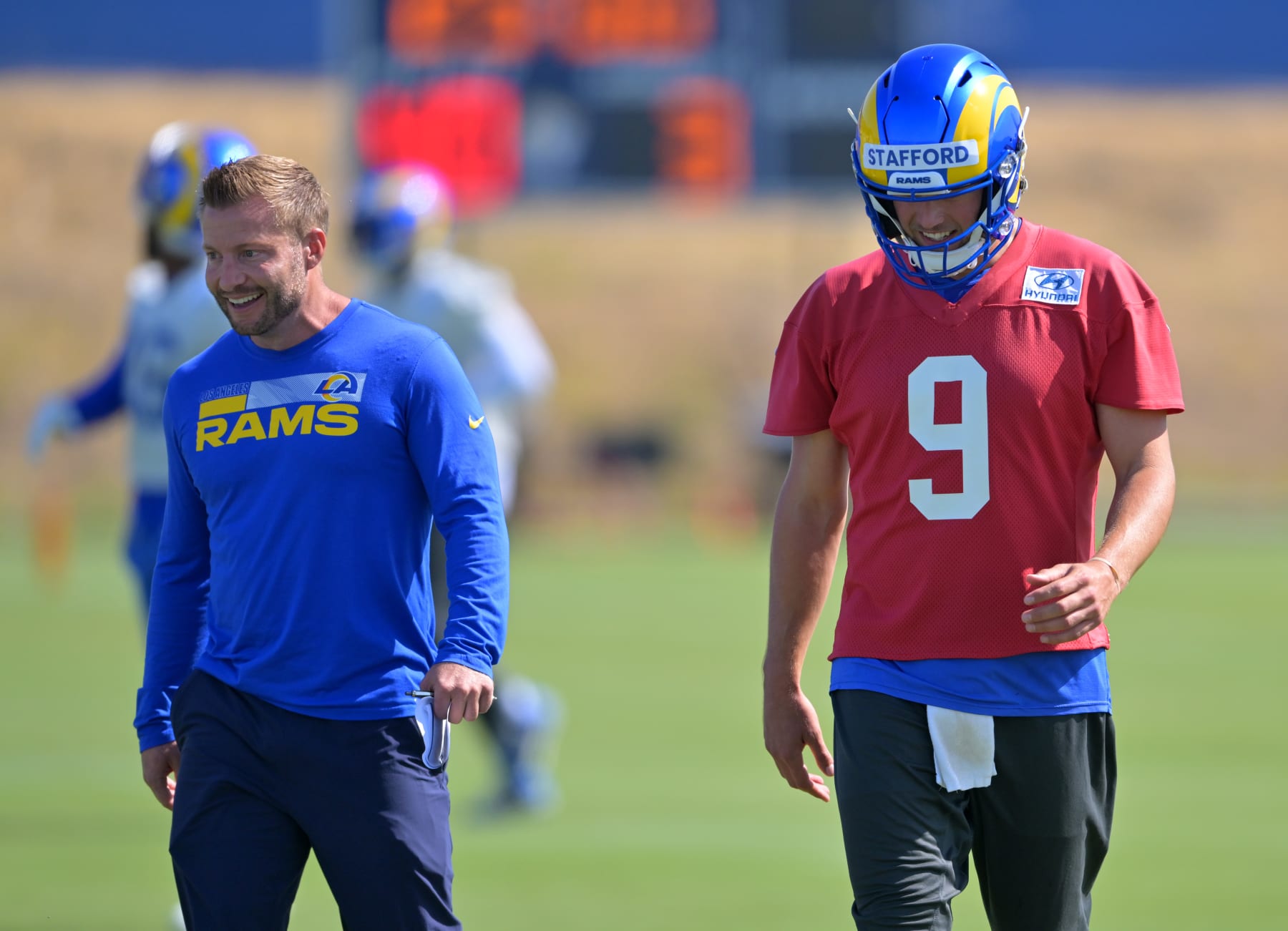 THOUSAND OAKS, CA - JUNE 8: Head coach Sean McVay talks with Matthew Stafford #9 of the Los Angeles Rams during mini camp on June 8, 2022 at the team's facility at California Lutheran University in Thousand Oaks, California. (Photo by Jayne Kamin-Oncea/Getty Images)