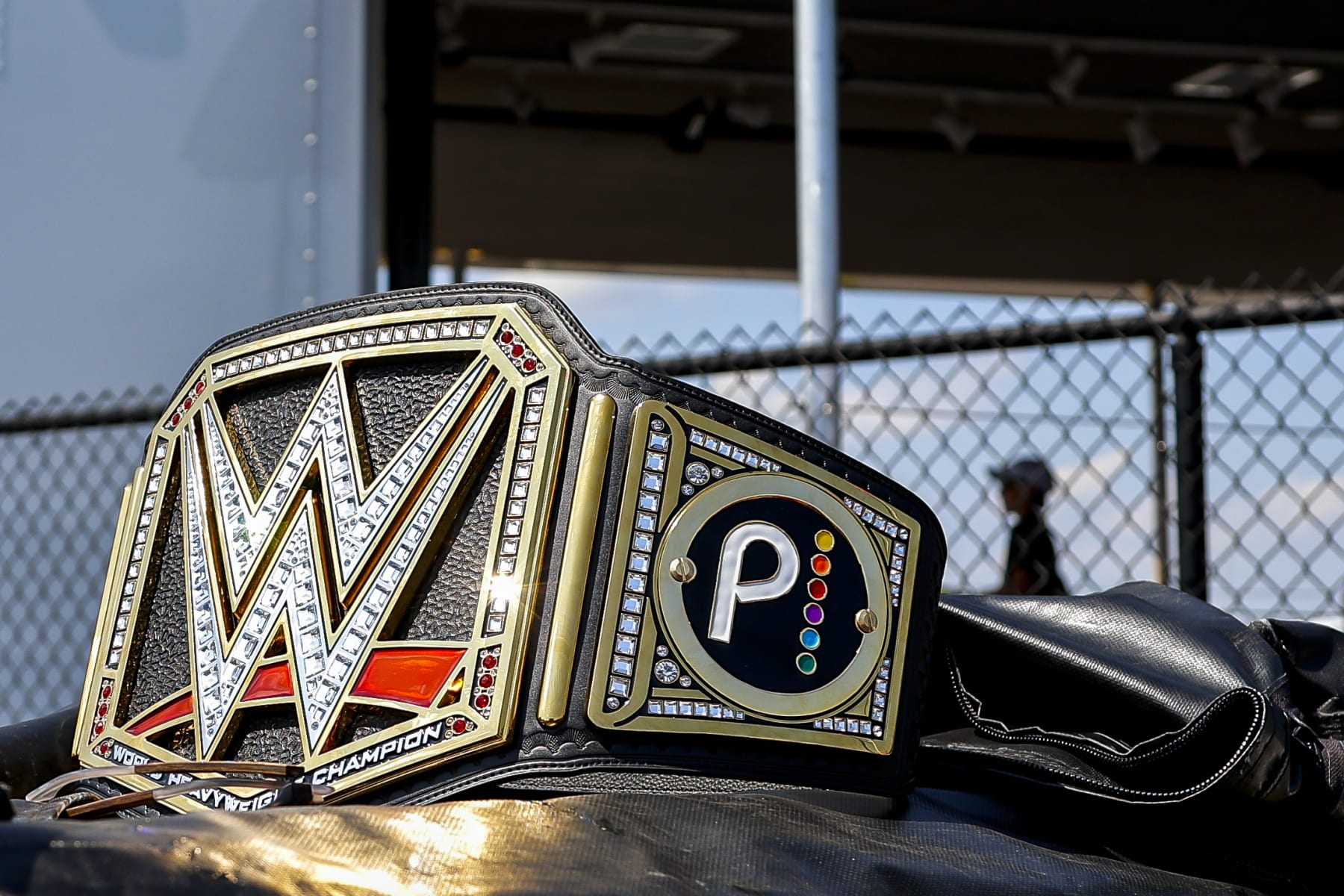 LONG POND, PENNSYLVANIA - JULY 24: A detail view of Corey LaJoie, driver of the #7 WWE SummerSlam on Peacock Chevrolet, WWE replica belt in the garage area prior to the NASCAR Cup Series M&M's Fan Appreciation 400 at Pocono Raceway on July 24, 2022 in Long Pond, Pennsylvania. (Photo by Tim Nwachukwu/Getty Images)