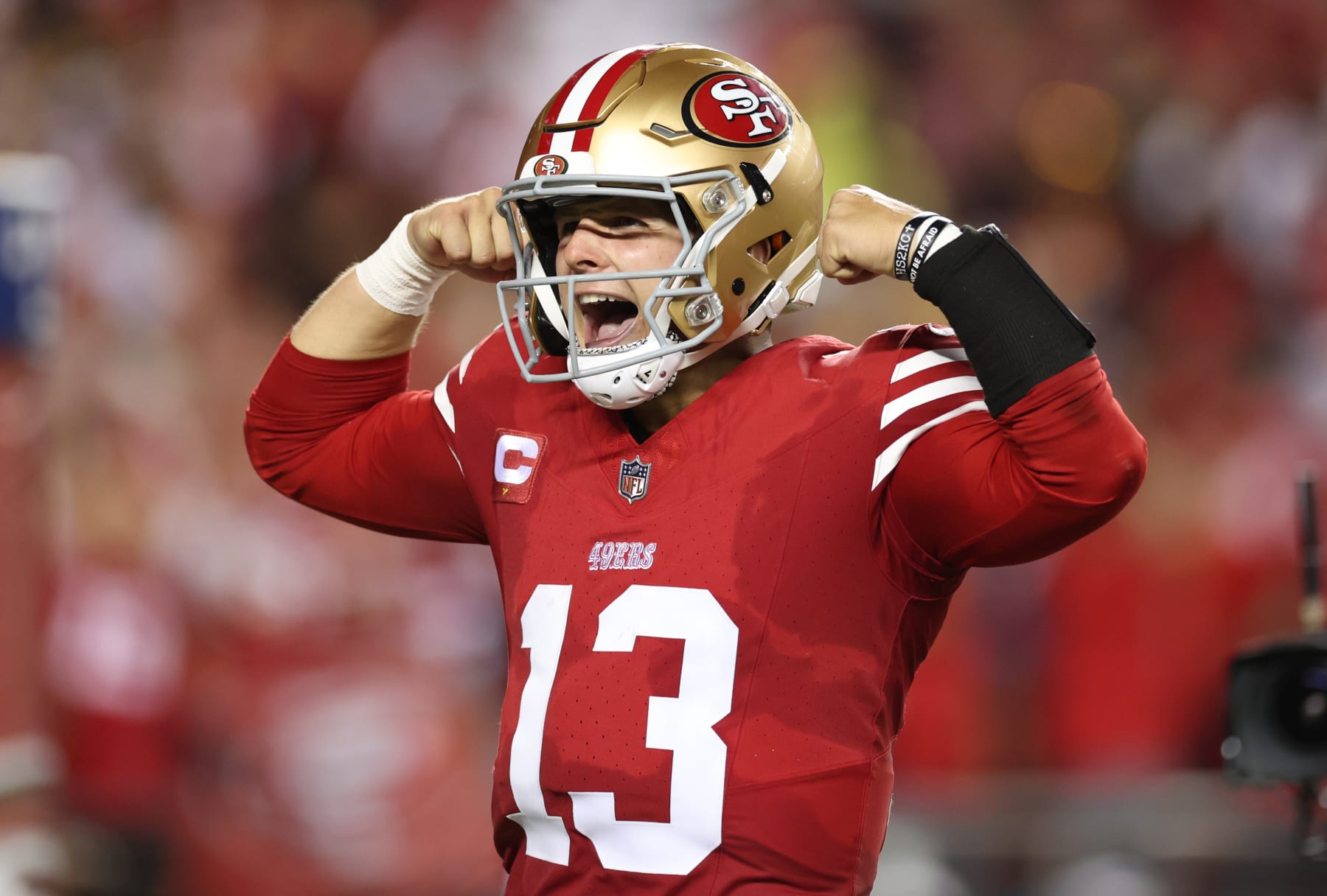 SANTA CLARA, CALIFORNIA - OCTOBER 08: Brock Purdy #13 of the San Francisco 49ers celebrates after a touchdown by Jordan Mason #24 during the fourth quarter against the Dallas Cowboys at Levi's Stadium on October 08, 2023 in Santa Clara, California. (Photo by Ezra Shaw/Getty Images) SANTA CLARA, CALIFORNIA - OCTOBER 08: Brock Purdy #13 of the San Francisco 49ers celebrates after a touchdown by Jordan Mason #24 during the fourth quarter against the Dallas Cowboys at Levi's Stadium on October 08, 2023 in Santa Clara, California. (Photo by Ezra Shaw/Getty Images)