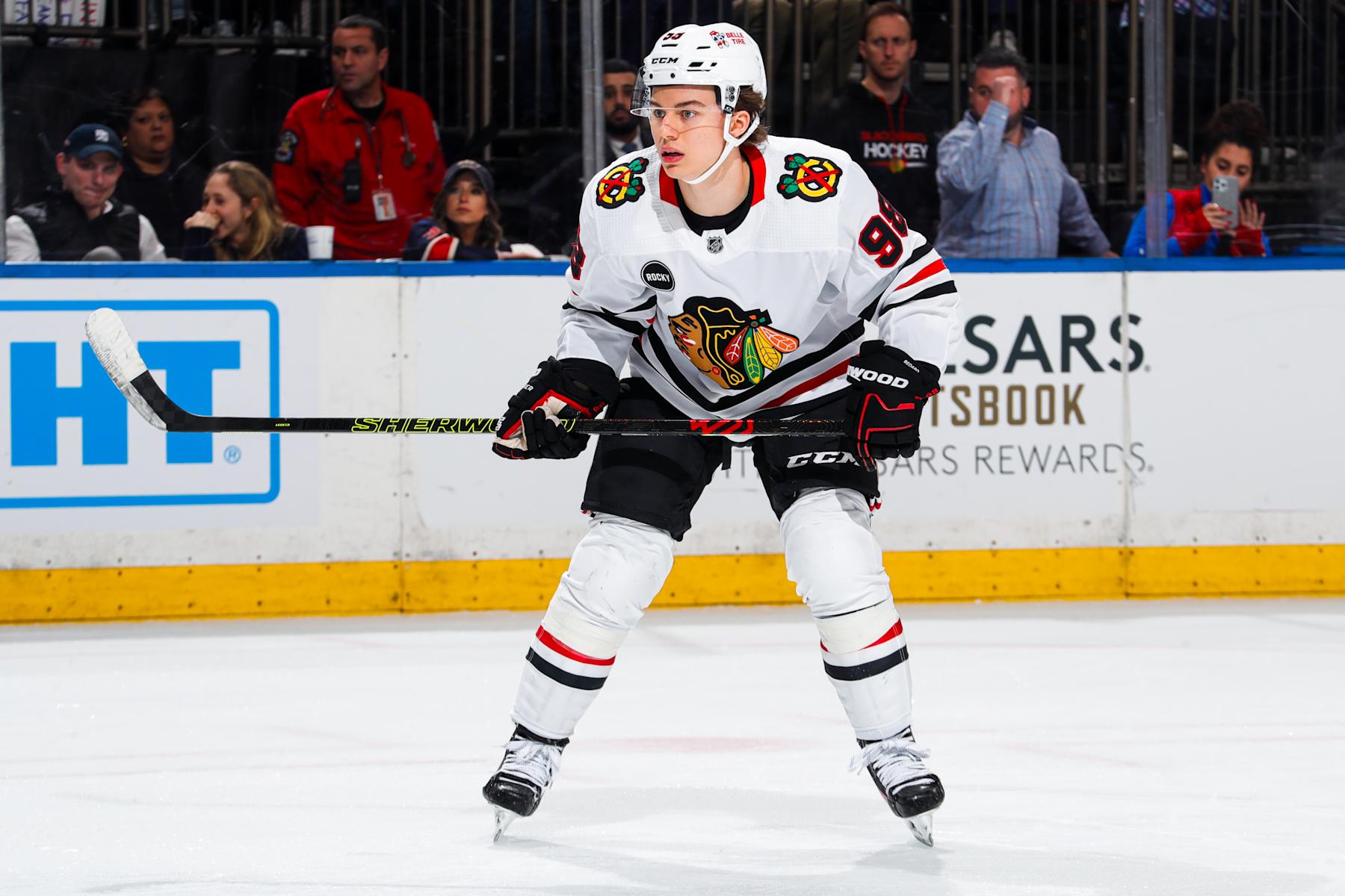 NEW YORK, NEW YORK - JANUARY 04:  Connor Bedard #98 of the Chicago Blackhawks skates against the New York Rangers at Madison Square Garden on January 4, 2024 in New York City. (Photo by Jared Silber/NHLI via Getty Images)