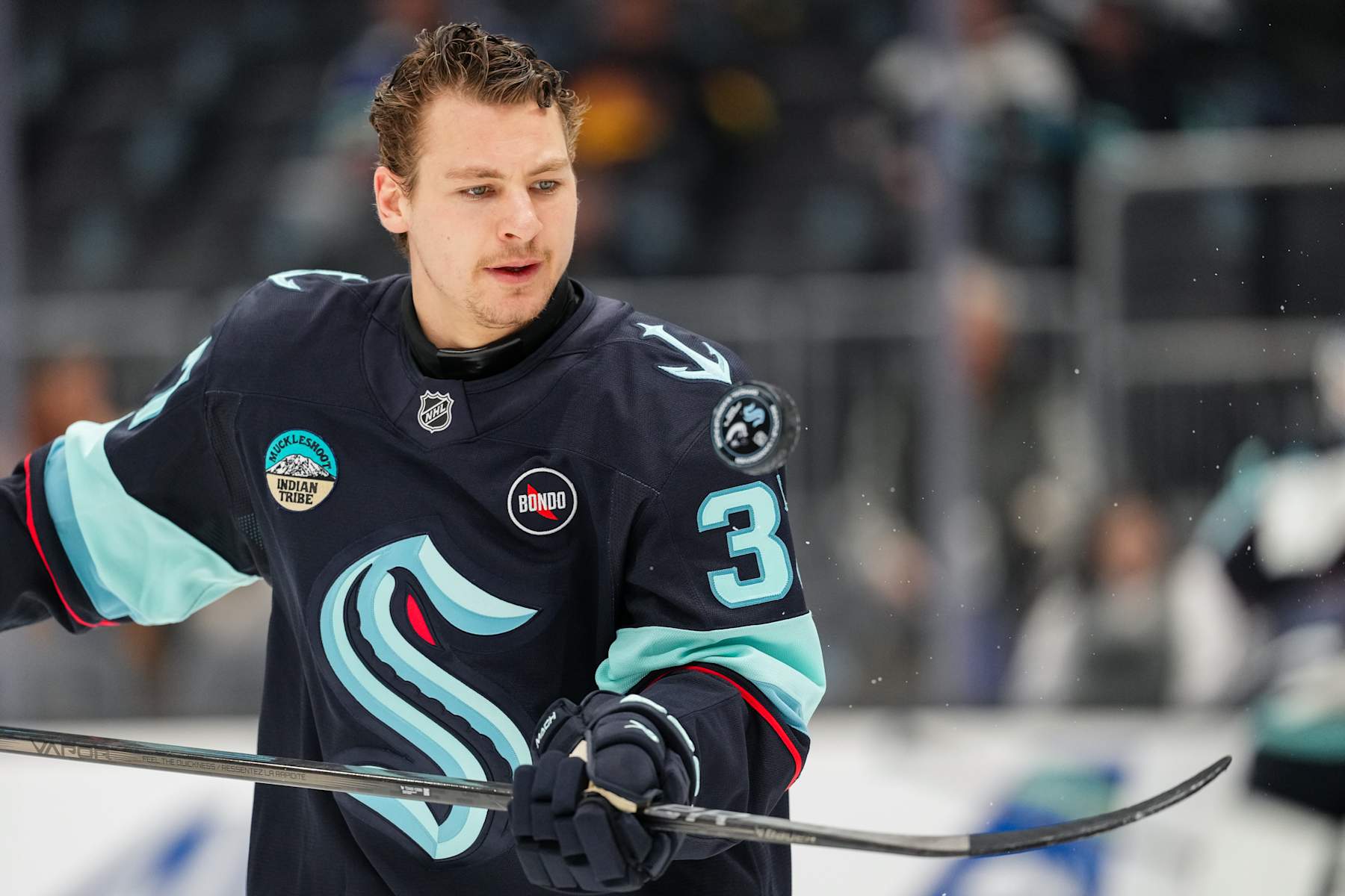 SEATTLE, WASHINGTON - JANUARY 02: Yanni Gourde #37 of the Seattle Kraken warms up ahead of a game against the Vancouver Canucks at Climate Pledge Arena on January 02, 2025 in Seattle, Washington. (Photo by Christopher Mast/NHLI via Getty Images)
