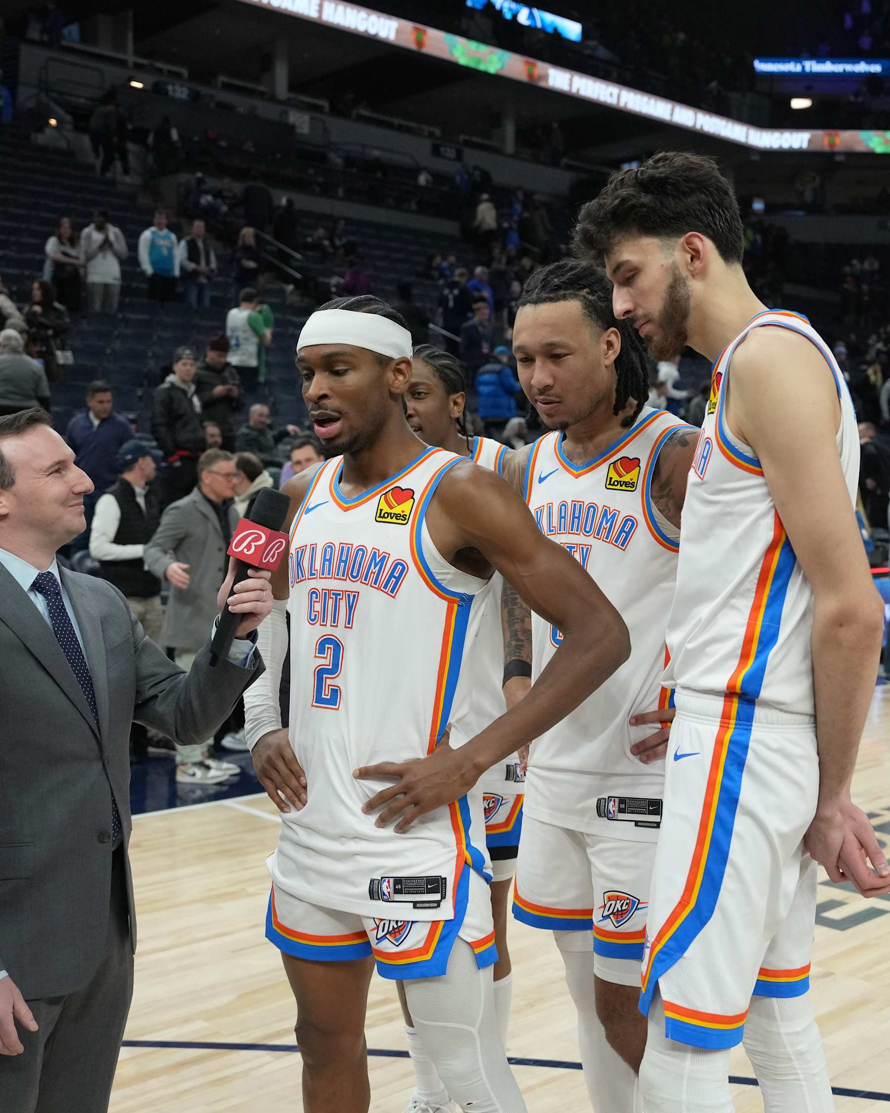 MINNEAPOLIS, MN -  JANUARY 20: Shai Gilgeous-Alexander #2, Jaylin Williams #6 and Chet Holmgren #7 of the Oklahoma City Thunder speak to the media after the game against the Minnesota Timberwolves on January 20, 2024 at Target Center in Minneapolis, Minnesota. NOTE TO USER: User expressly acknowledges and agrees that, by downloading and or using this Photograph, user is consenting to the terms and conditions of the Getty Images License Agreement. Mandatory Copyright Notice: Copyright 2024 NBAE (Photo by Jordan Johnson/NBAE via Getty Images)